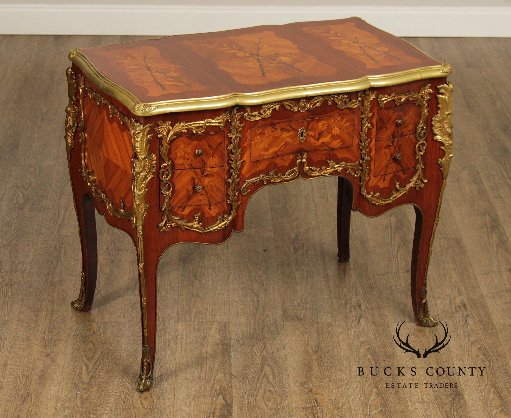 French Louis XV Style Marquetry Inlaid Bronze Mounted Knee Hole Desk