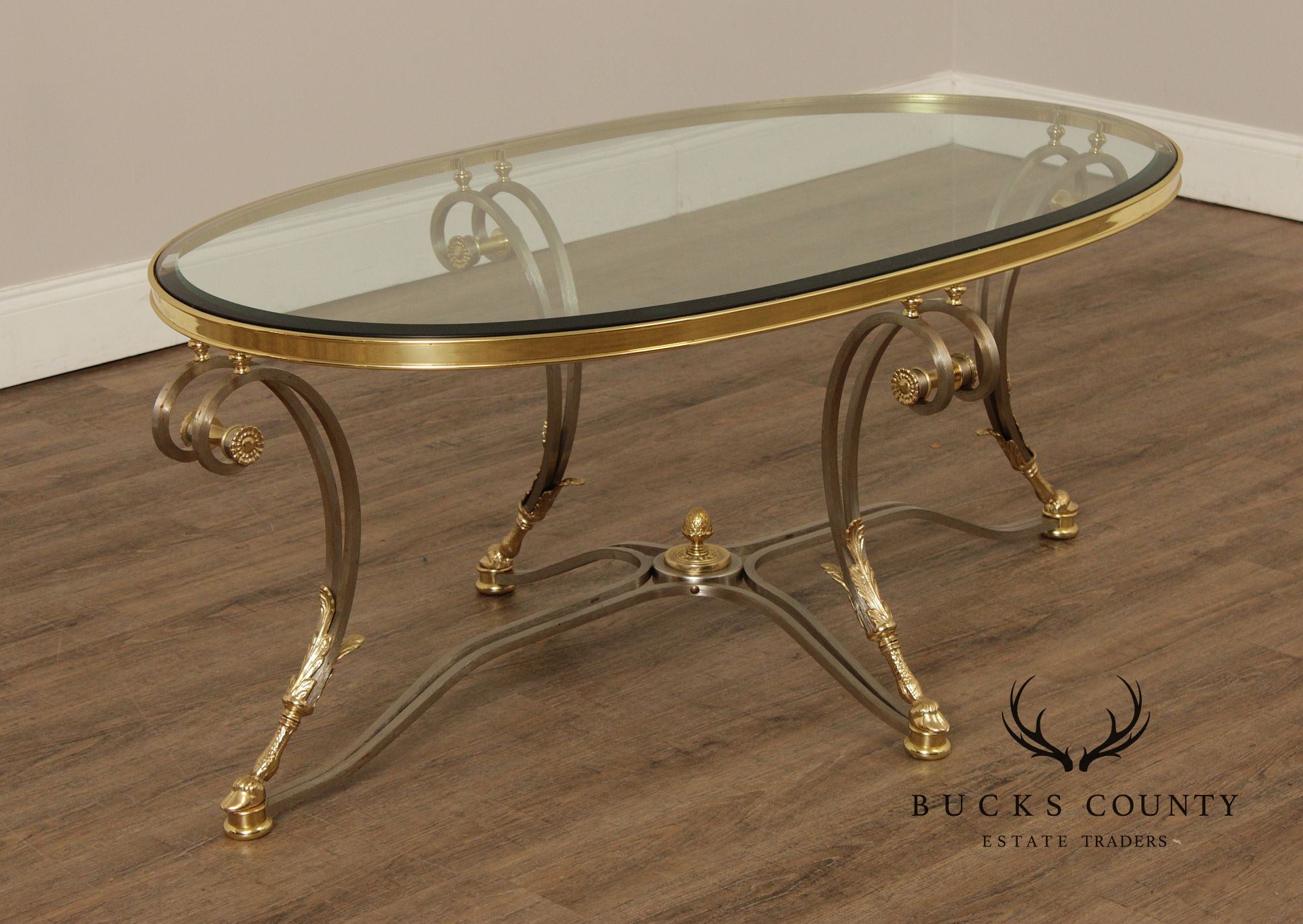 Neoclassical Style Oval Glass Top Coffee Table