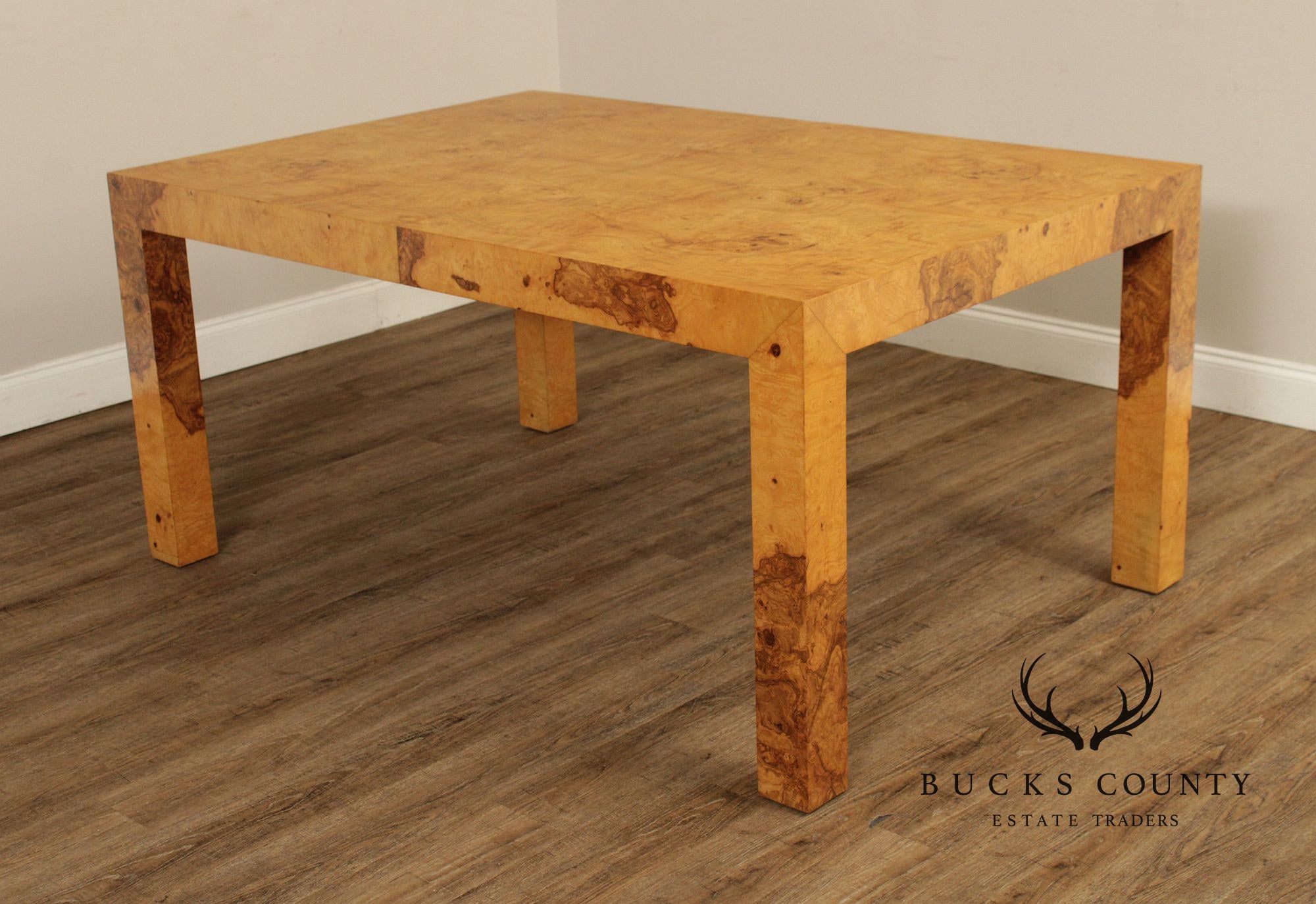 Mid-Century Modern Burlwood Parsons Extension Dining Table with 2 Leaves