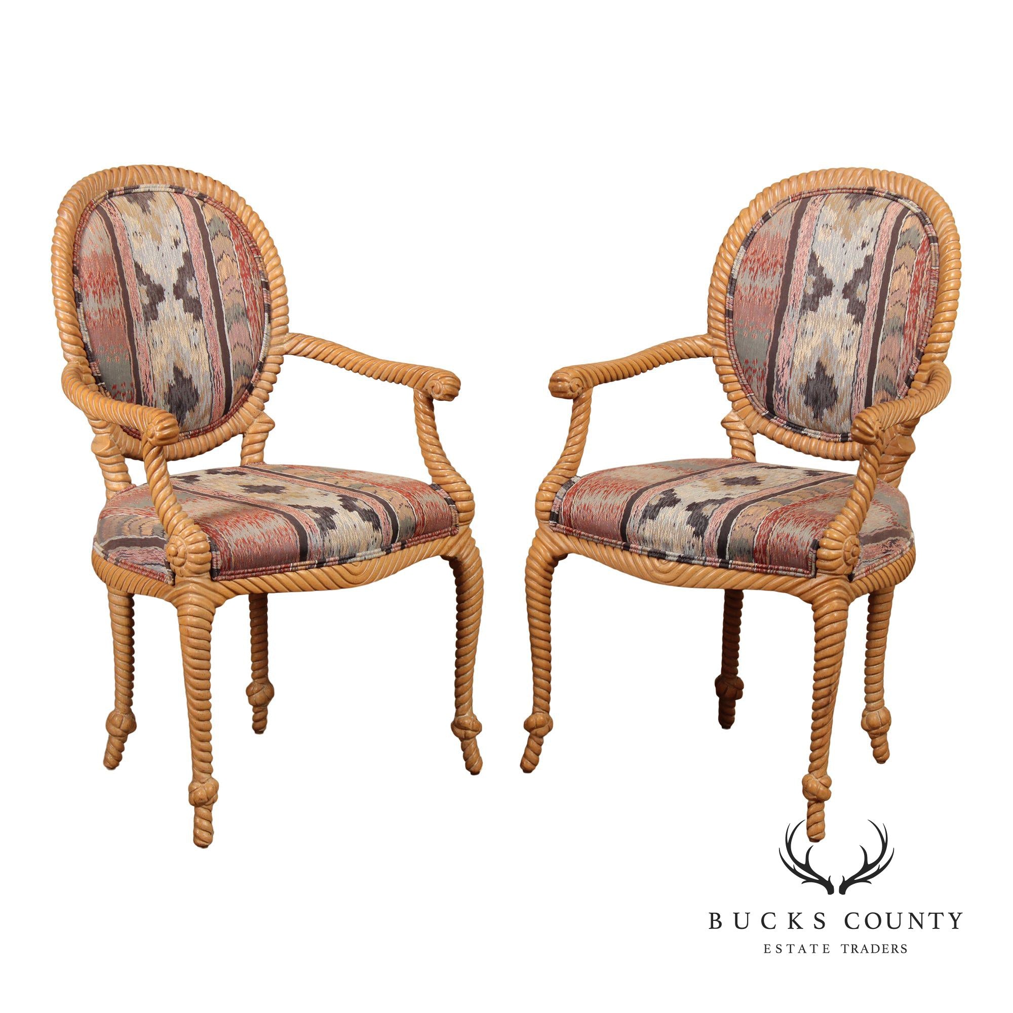 Italian Pair of Roped Carved Armchairs