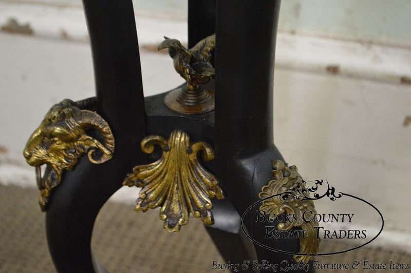 Regency Style Black Marble Top Pedestal w/ Bronze Ram Heads Serpents & Hoof Feet