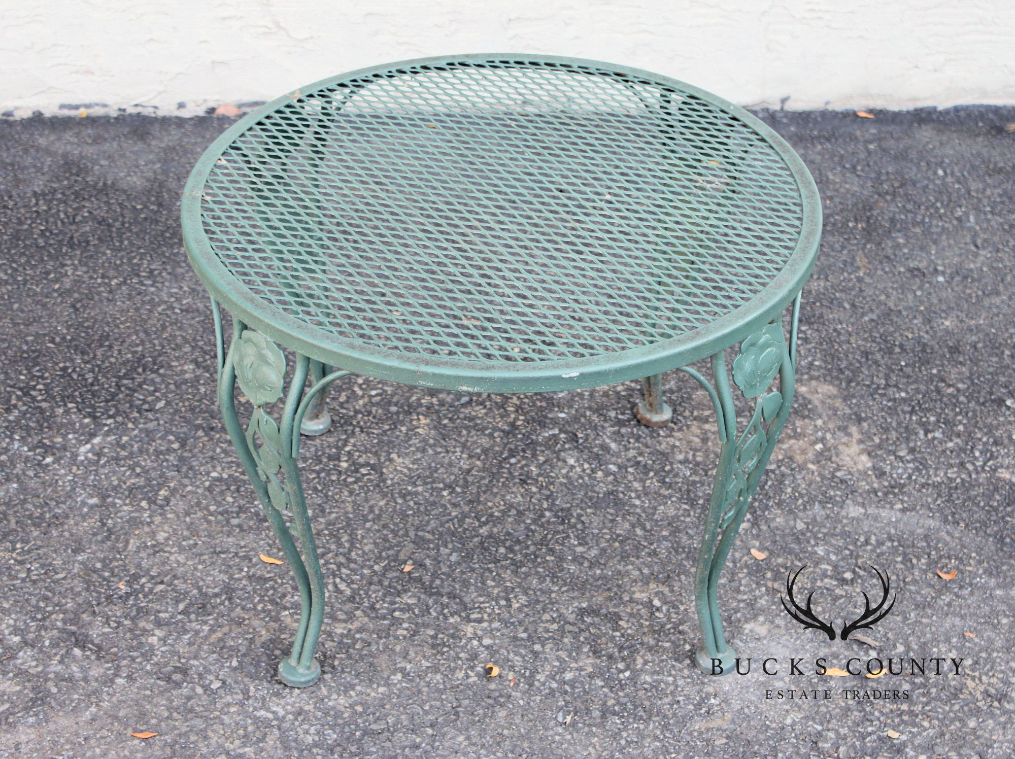 Wrought Iron Outdoor Round Mesh Top Patio Table With Floral Motif