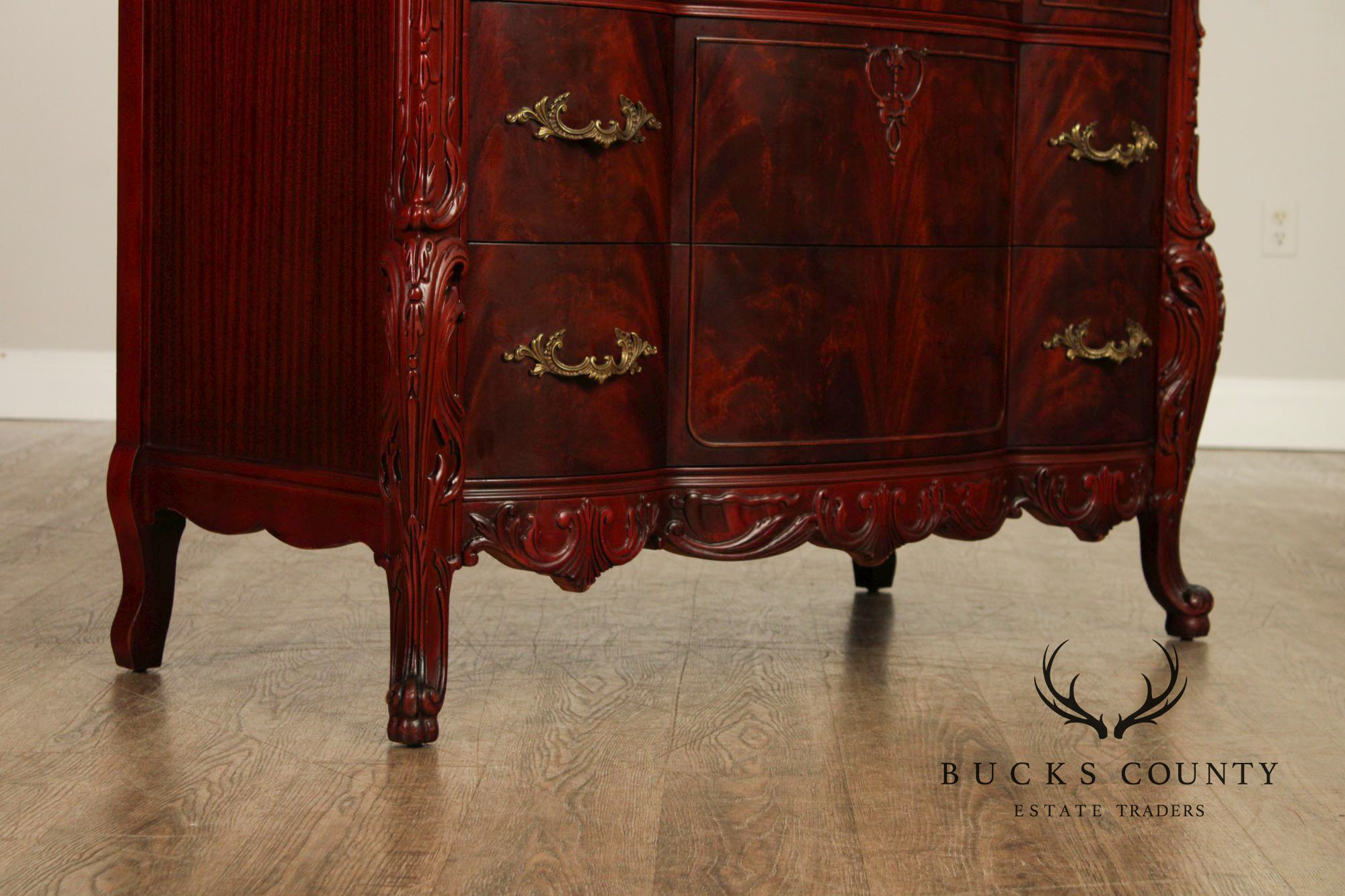 1940's French Louis XV Style Flame Mahogany Tall Chest