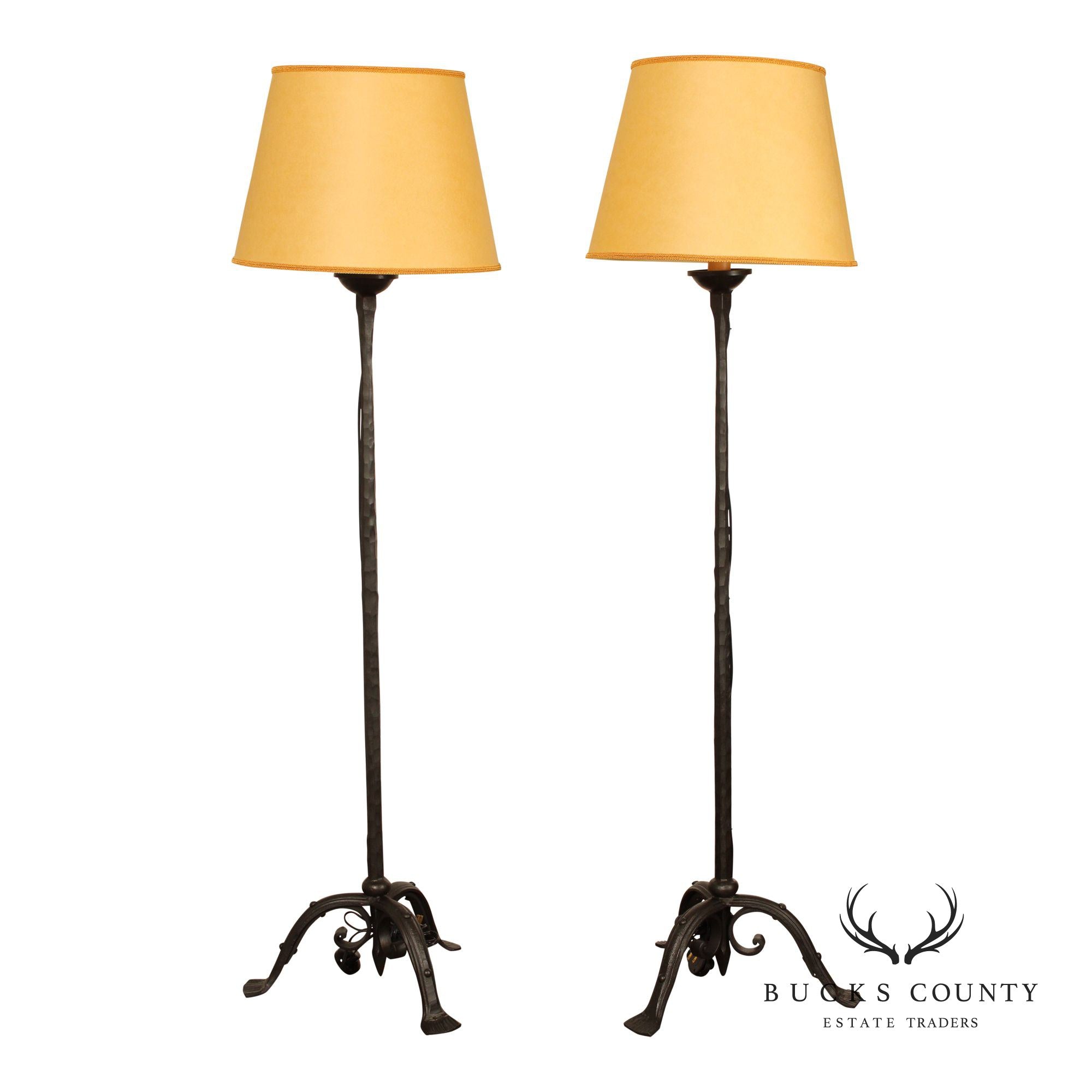 Gothic Revival Style Pair of Forged Iron Torchiere Floor Lamps