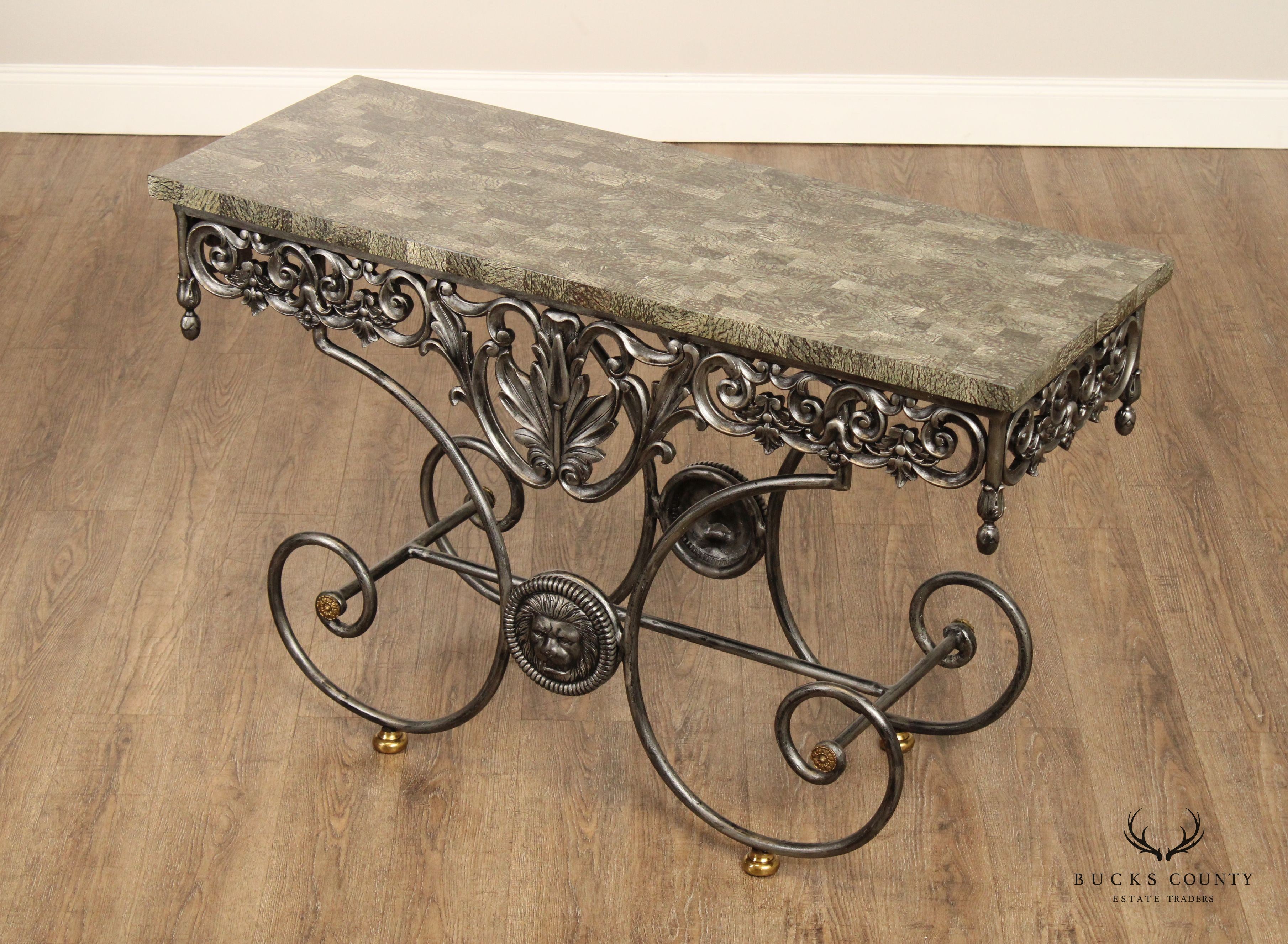 Maitland Smith Italian Regency Style Wrought Iron Stone Top Console Table