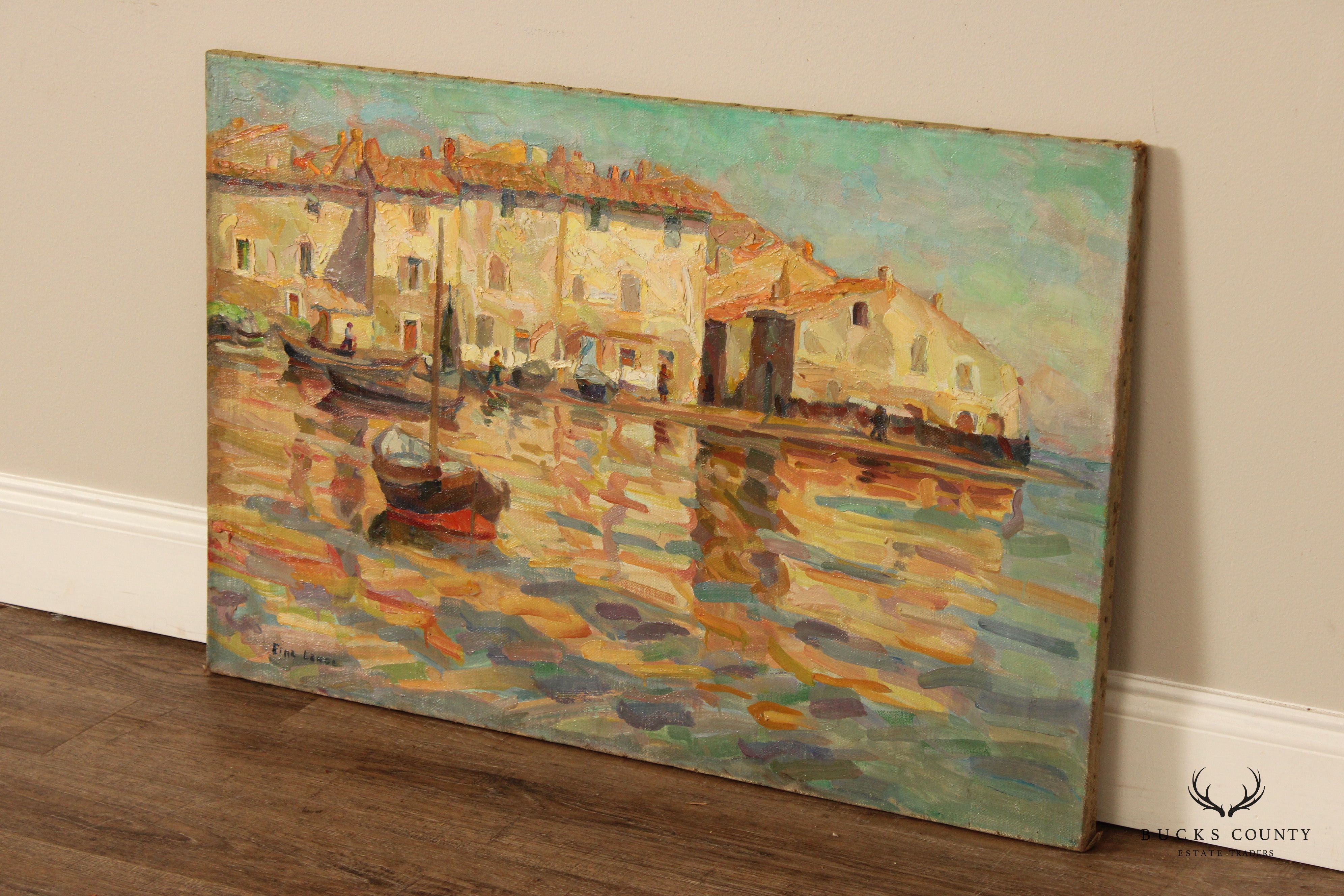 Erna Lange Signed Waterfront Sunrise Oil Painting 'Fishing in Southern France'