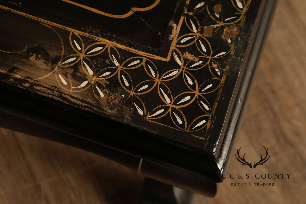 Asian Inspired Black Lacquer Coffee Table With Figural Inlay