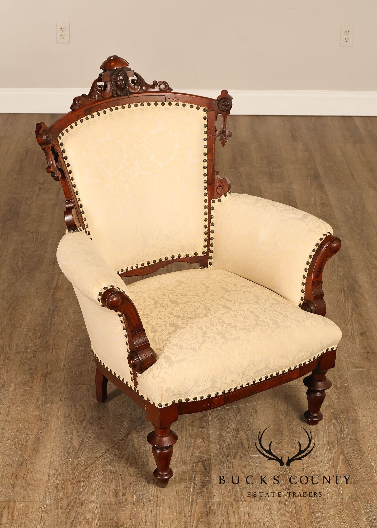 Antique Victorian Carved Walnut Parlor Armchair