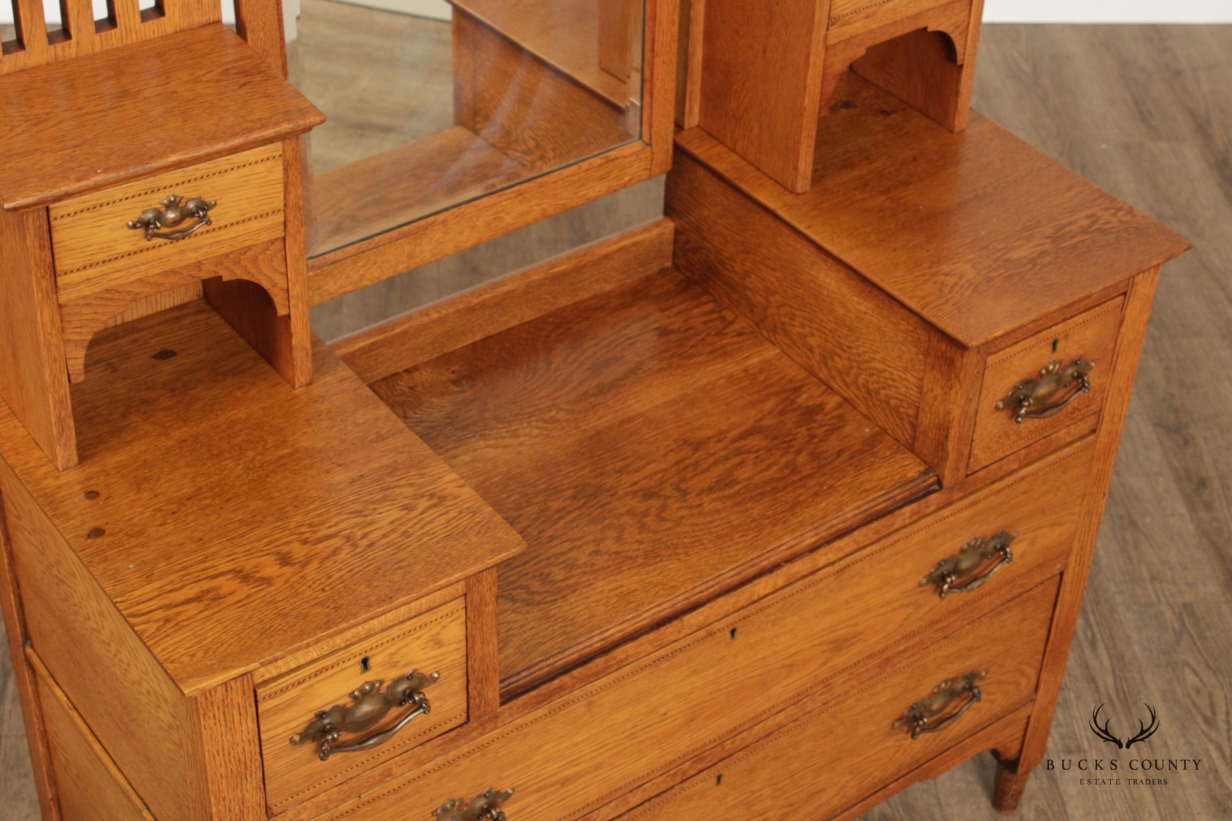 English Arts & Crafts Antique Oak Chest of Drawers with Mirror