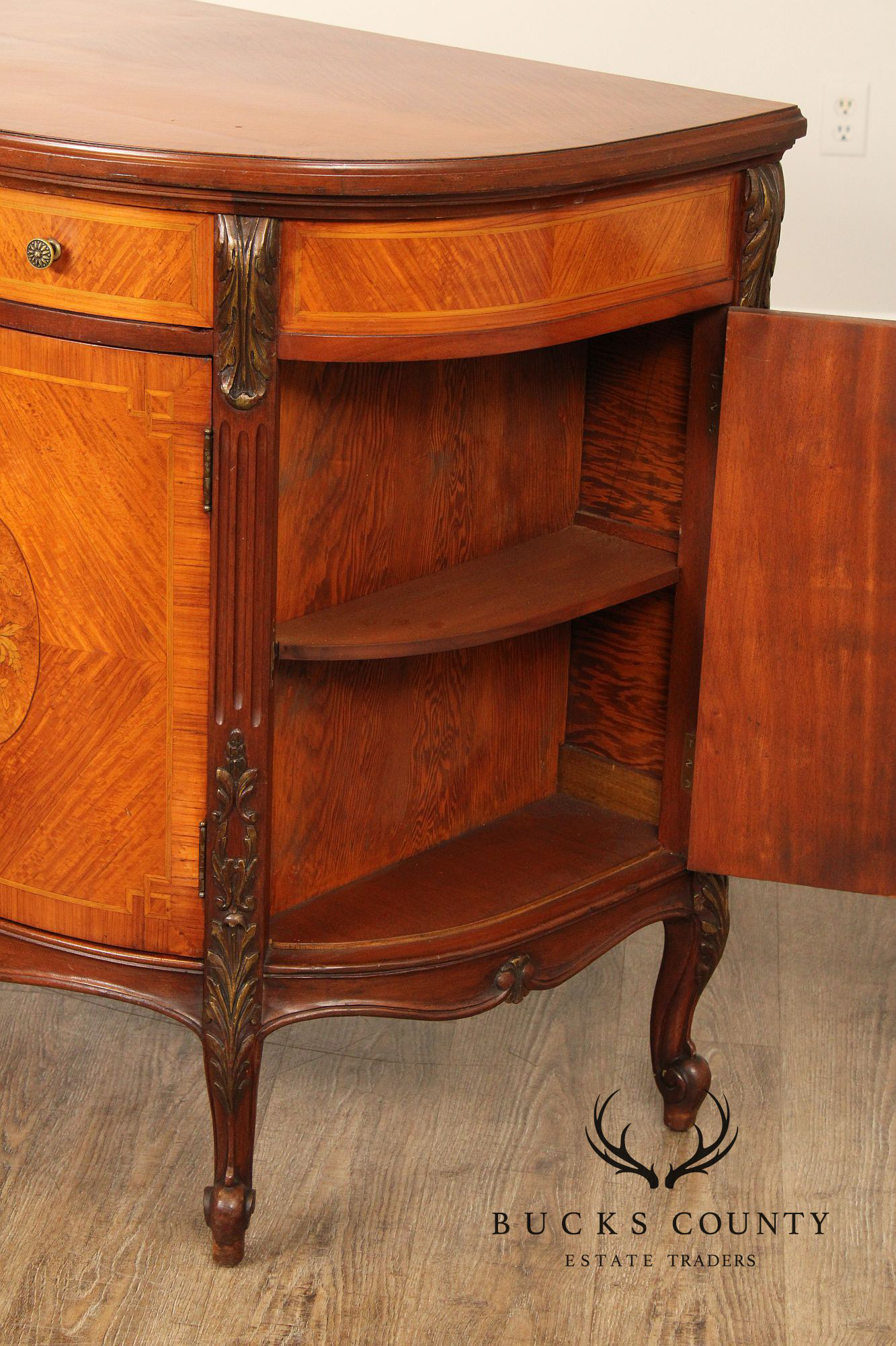 1930's French Louis XV Style Inlaid Satinwood Demilune Commode