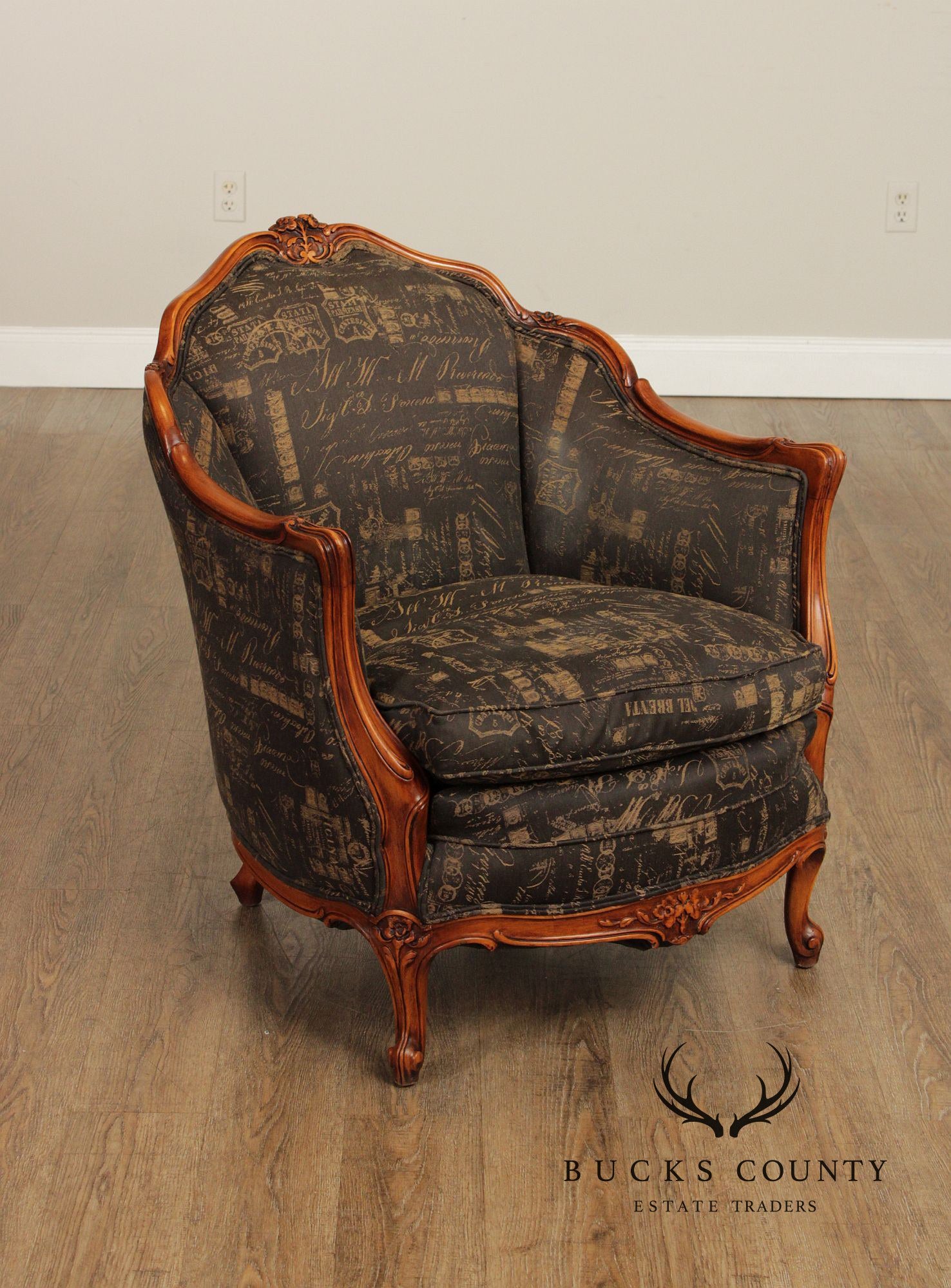 1930's French Louis XV Style Carved Barrel Bergere Armchair