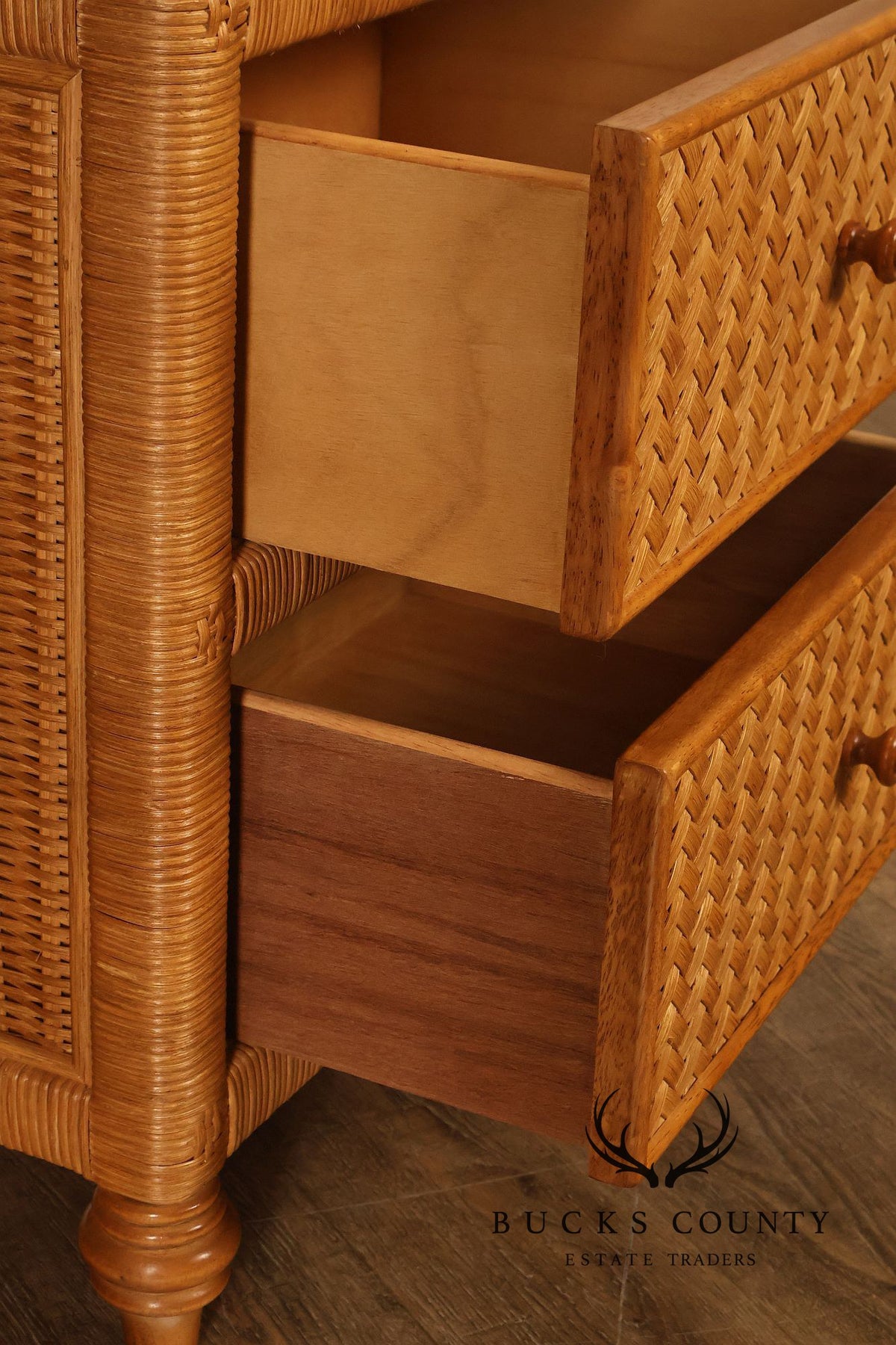 Coastal Style Pair Of Wicker And Cane Two Drawer Nightstands With Glass Tops