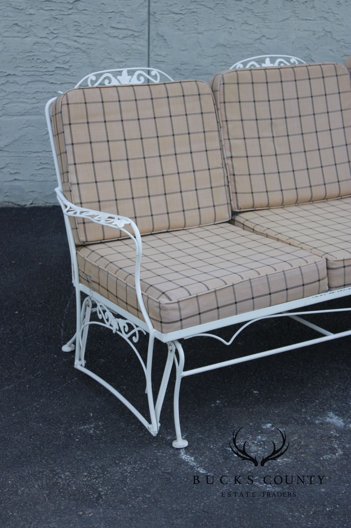 Lyon-Shaw Vintage Outdoor Patio Sofa With Scroll Iron Frame And Cushions