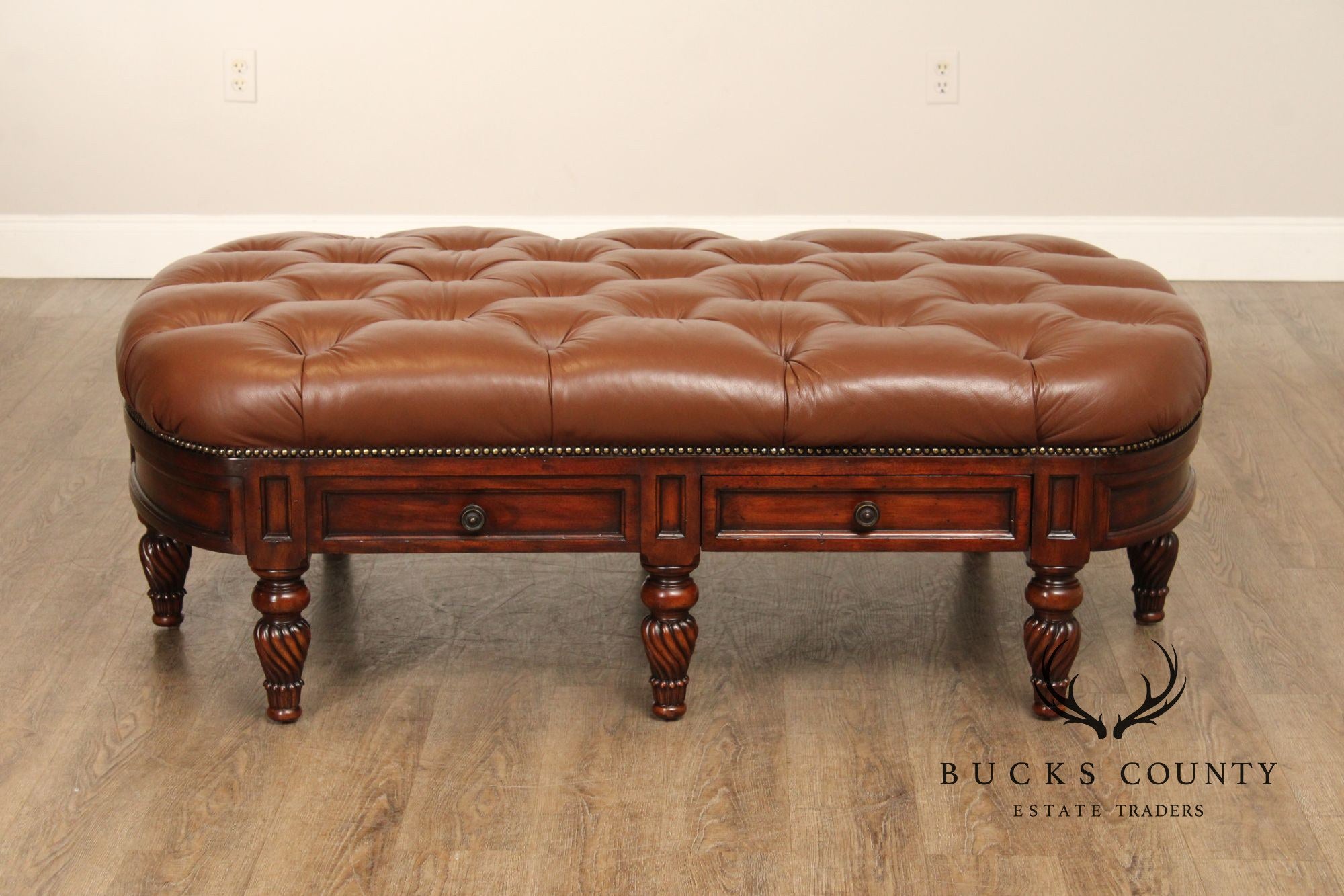 CTH Sherrill Occasional English Regency Style Tufted Leather Ottoman