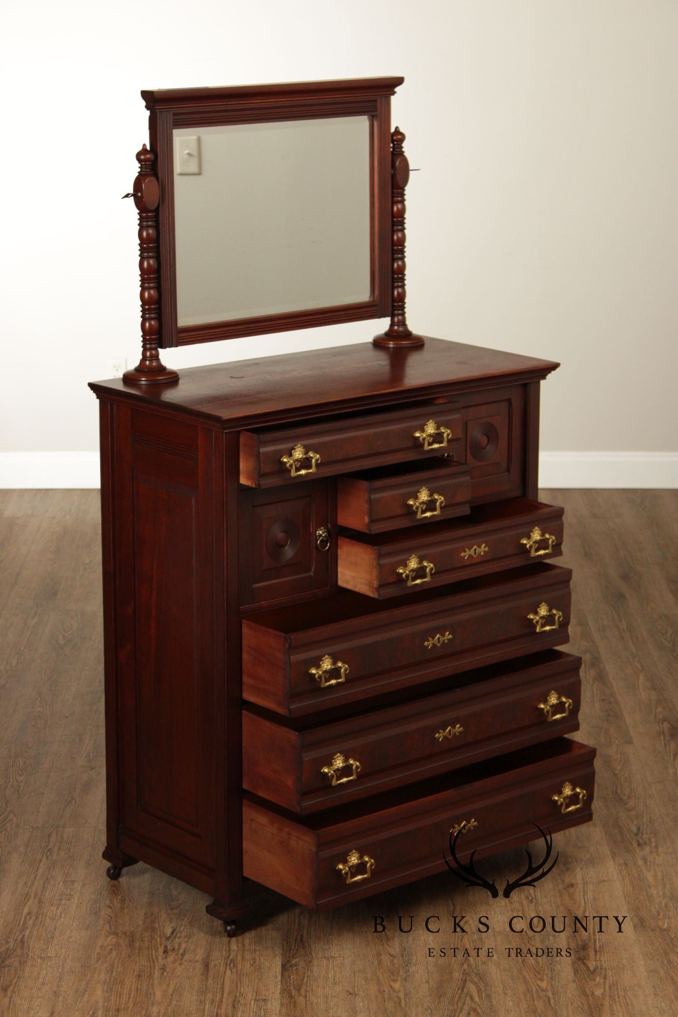 Antique Victorian Mahogany Bonnet Chest With Mirror