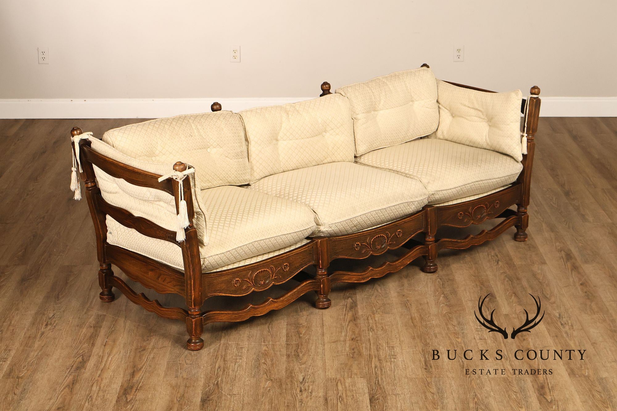 French Country Style Carved Oak Frame Three Seat Sofa