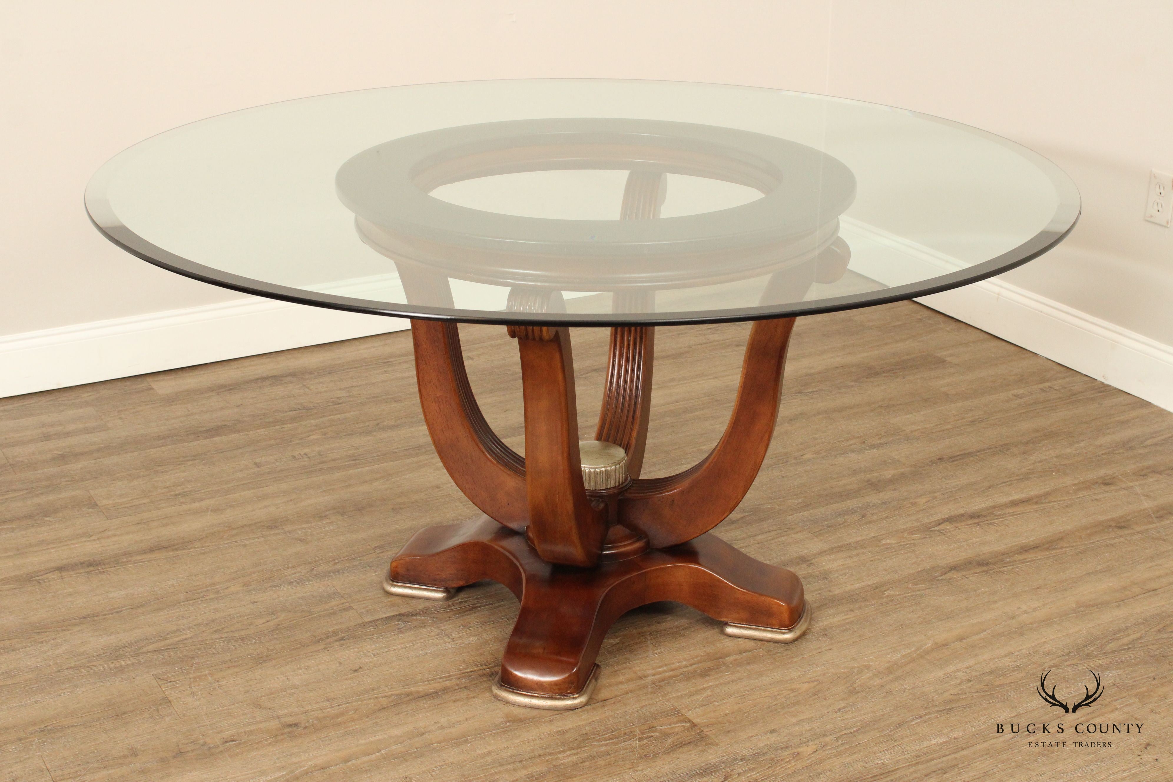 Modern Art Deco Style Round Glass Top Pedestal Dining Table