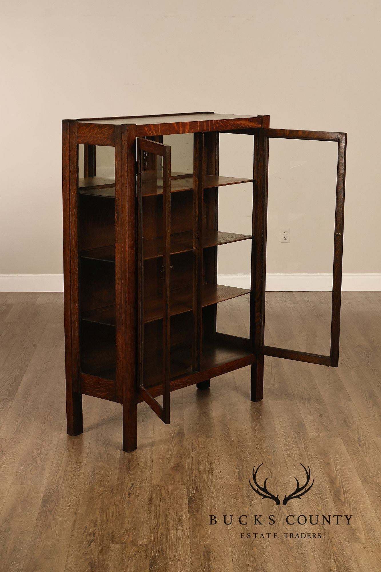 Antique Grand Rapids Oak Arts & Crafts Glass Door Bookcase Cabinet