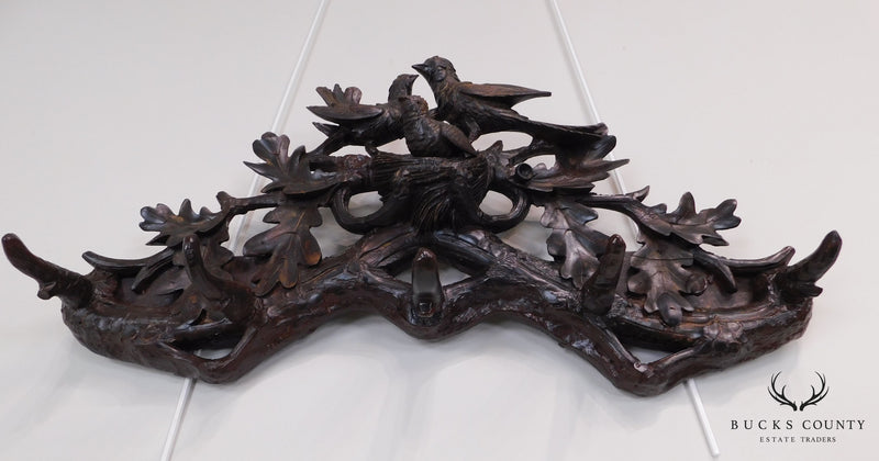 Black Forest Style Carved Wood Hanging Hat Rack with Faux Antler & Carved Birds, Nest