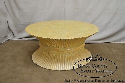 McGuire Style Mid Century Modern Round Wheat Sheaf Rattan Coffee Table