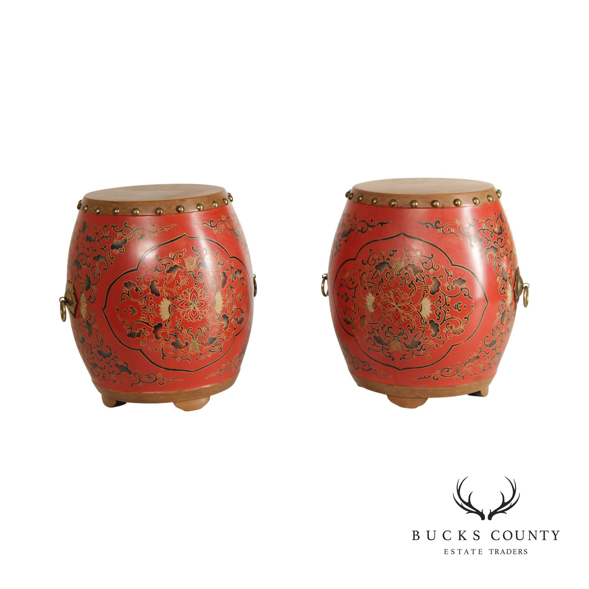 Asian Inspired Pair Hand Painted Wooden Drum Stools