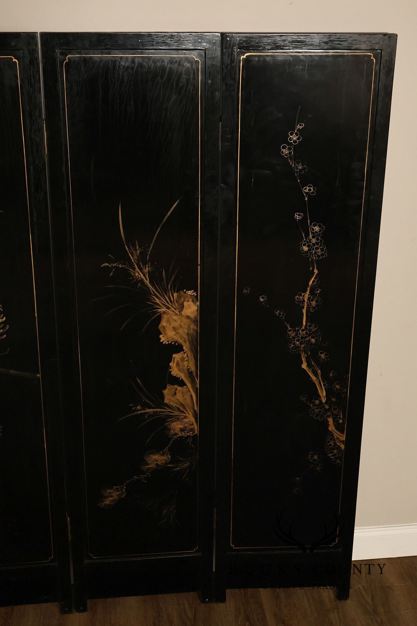 Asian Black Lacquer Vintage Pair Of Four Panel Folding Screens With Mother Of Pearl Inlay