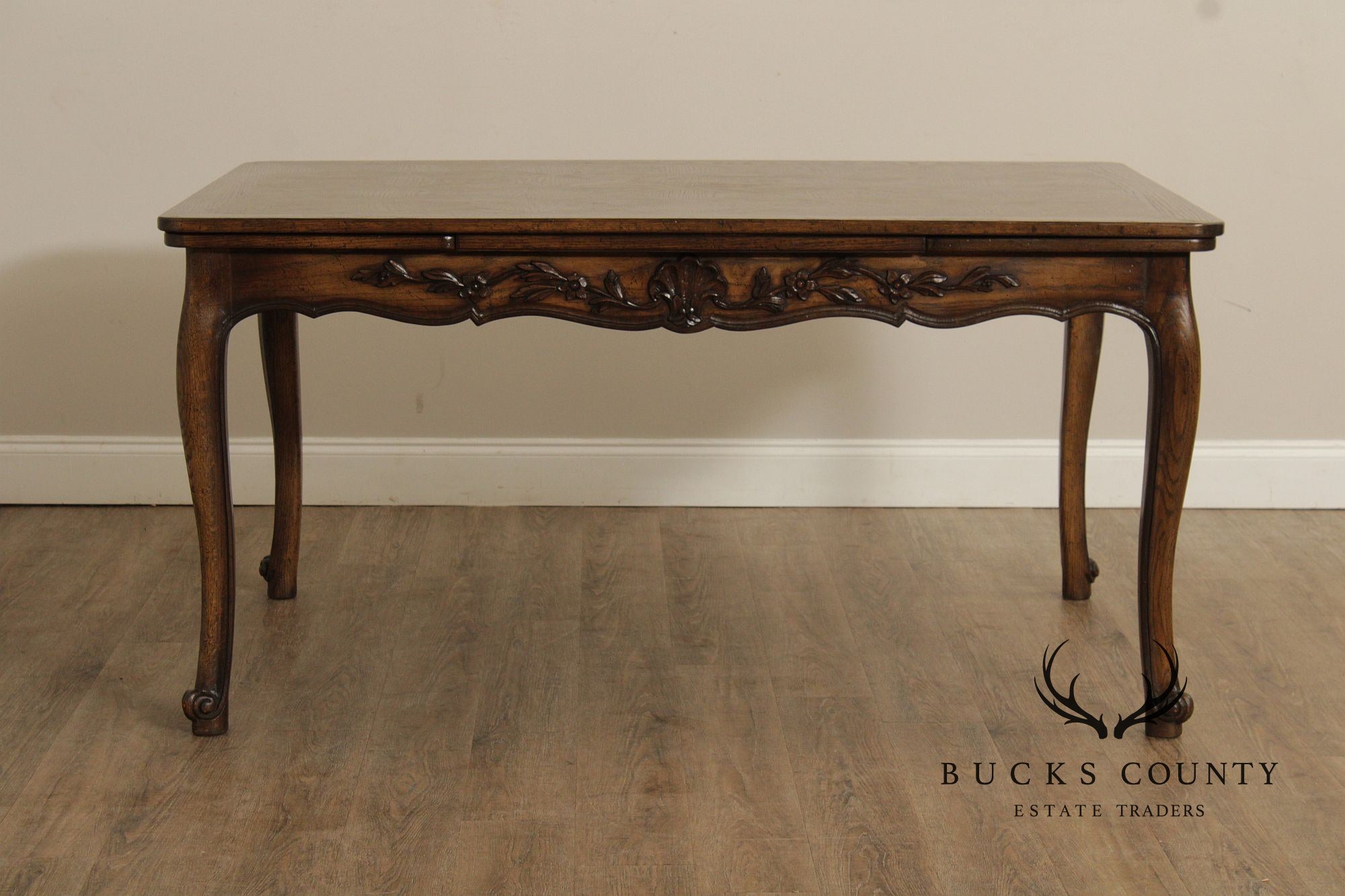 French Country Style Oak Parquetry Top Draw Leaf Dining Table