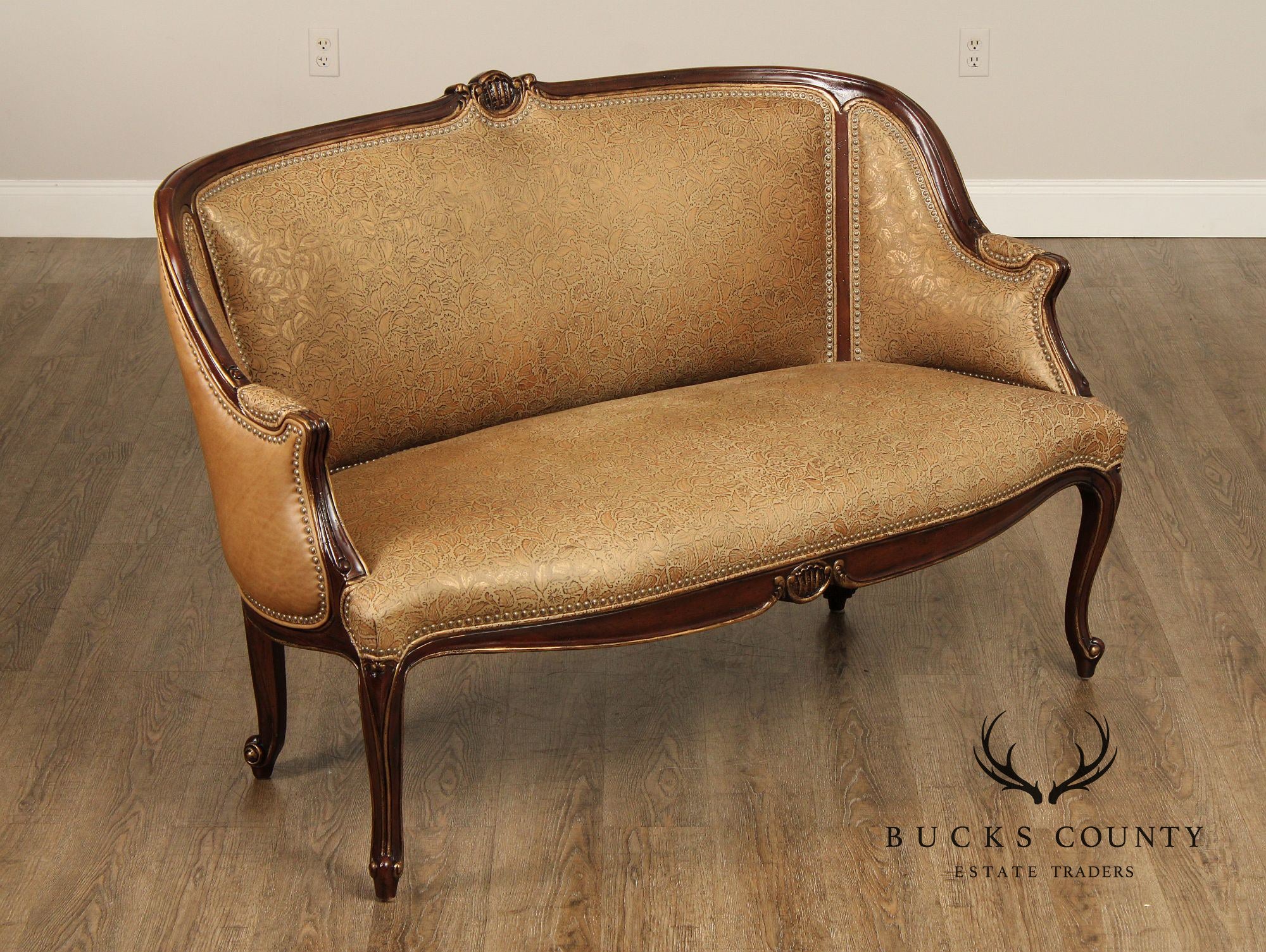 French Louis XV Style Mahogany And Embossed Leather Settee