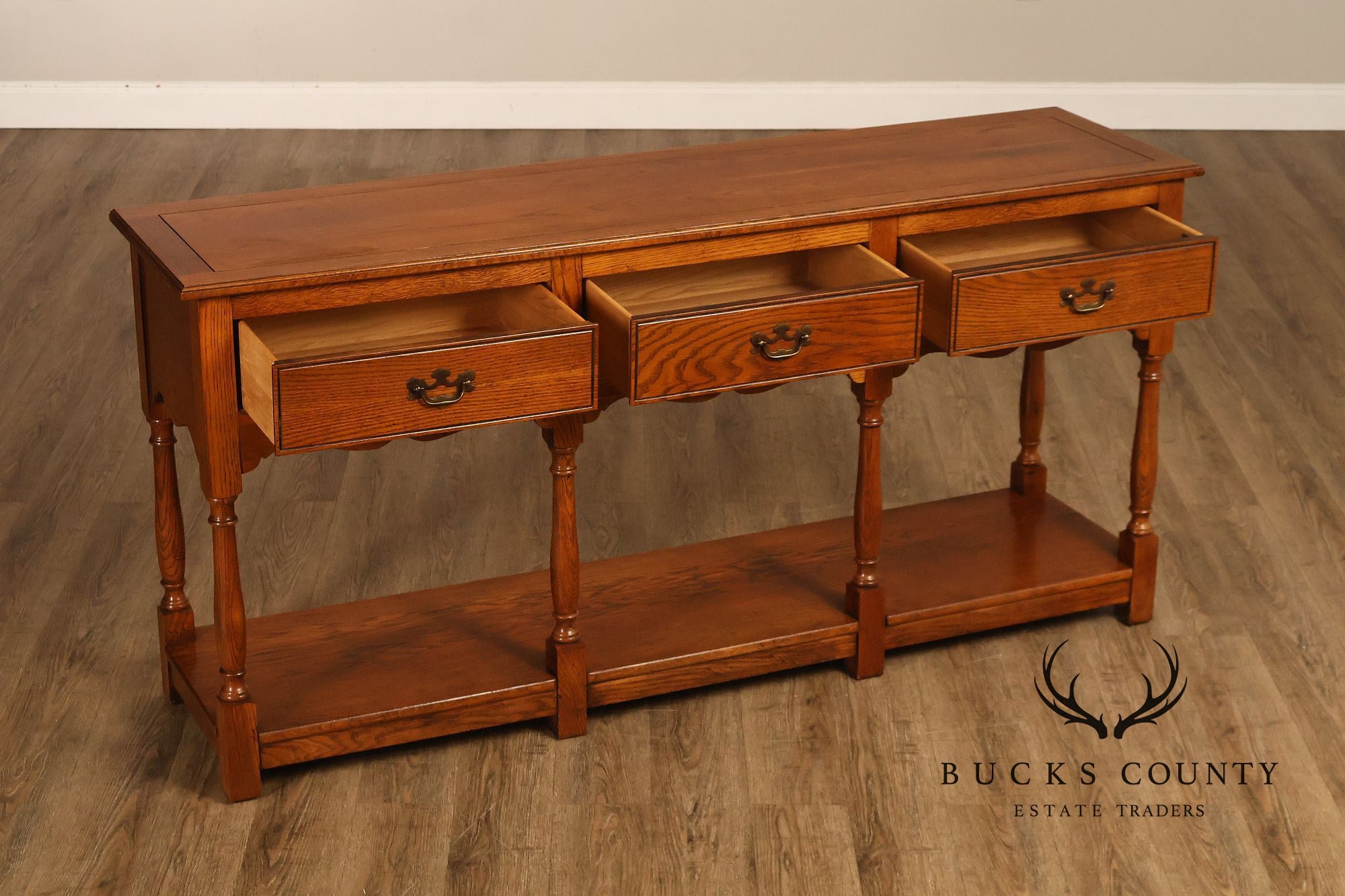 Hickory Chair Company Oak Three Drawer Console Sofa Table