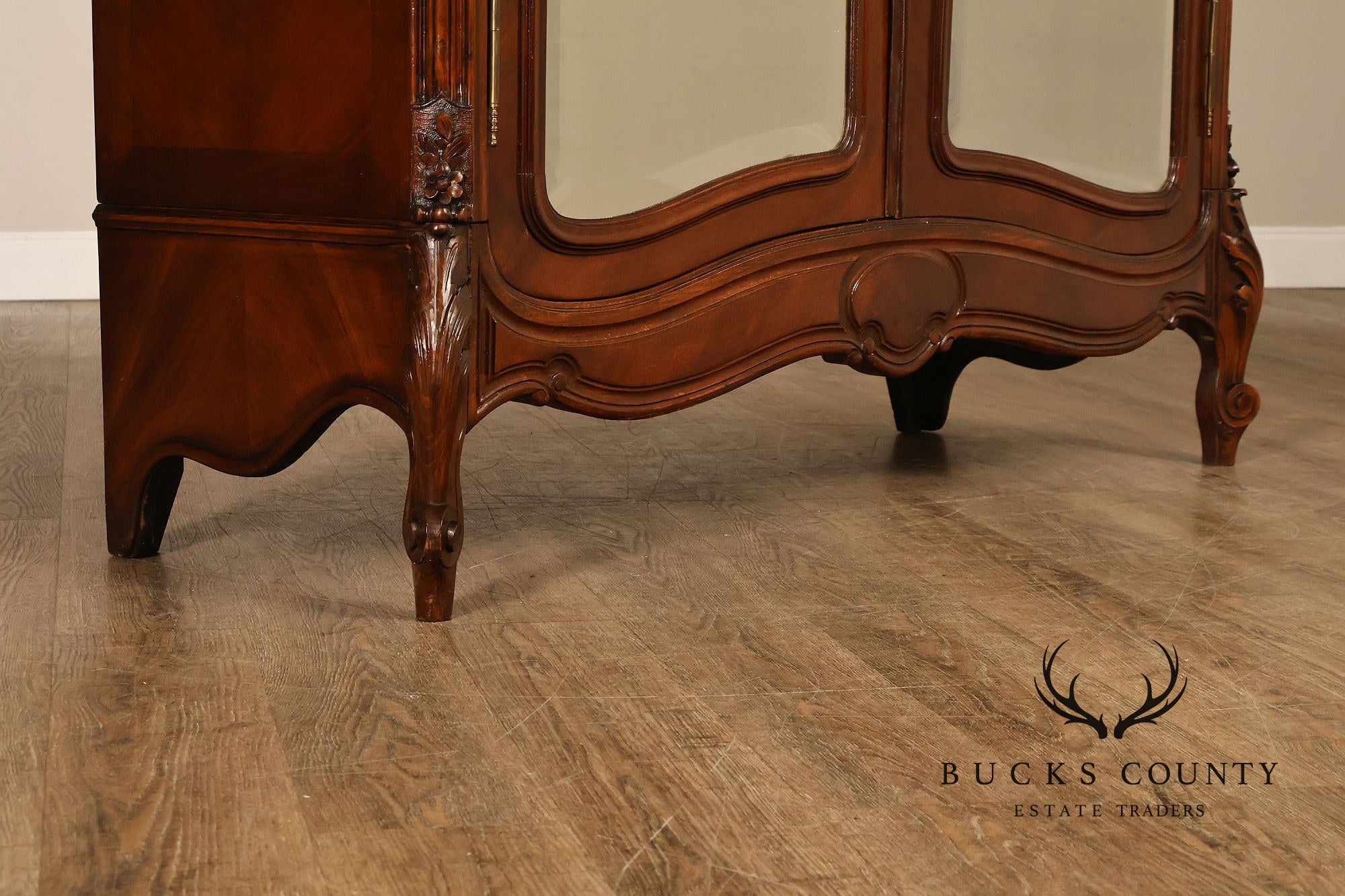 French Louis XV Style Antique Carved Mahogany Mirrored Armoire