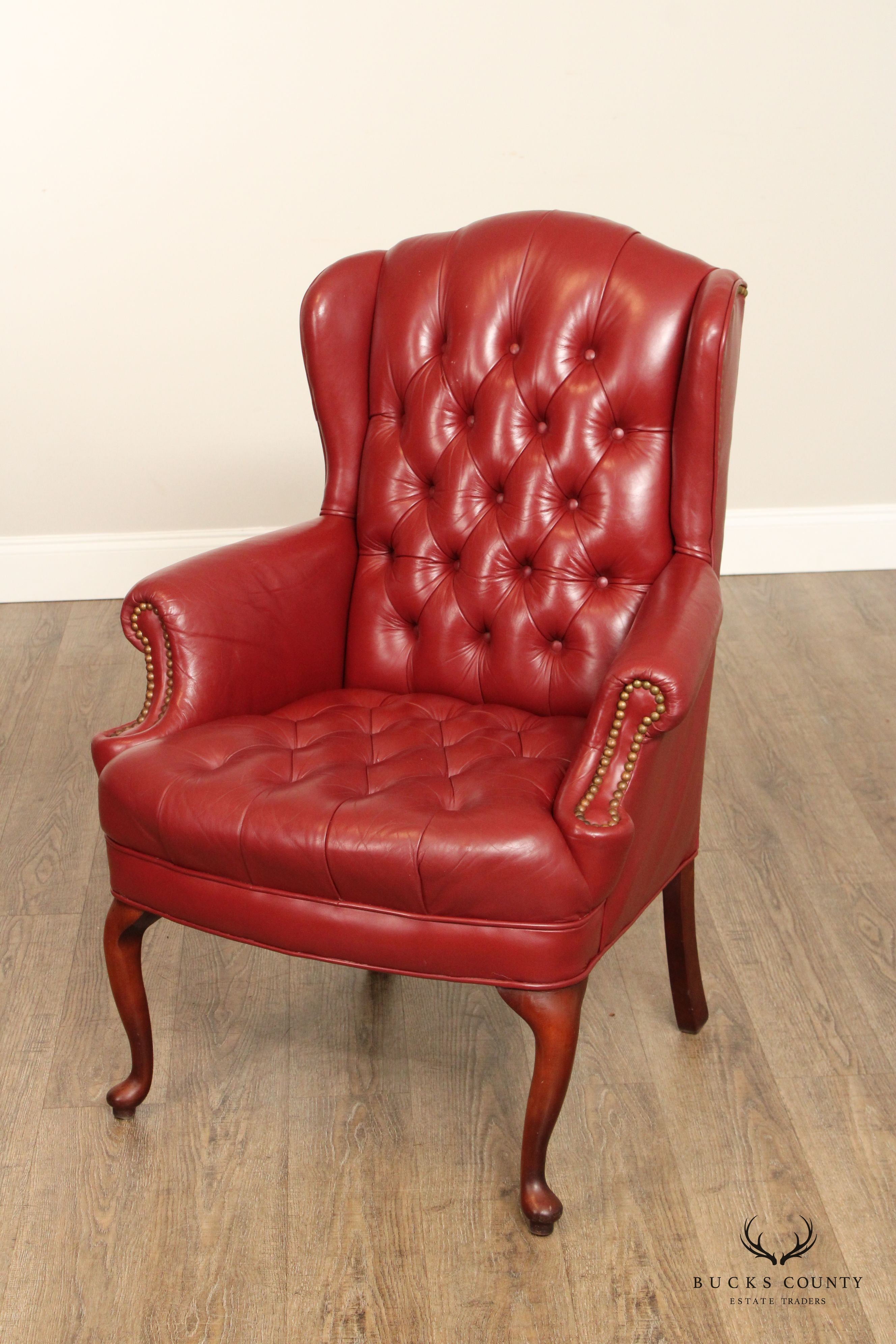 Queen Anne Style Tufted Leather Wing Chair