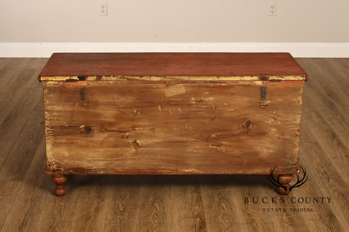 Antique Primitive Pine Painted Blanket Chest On Turned Feet