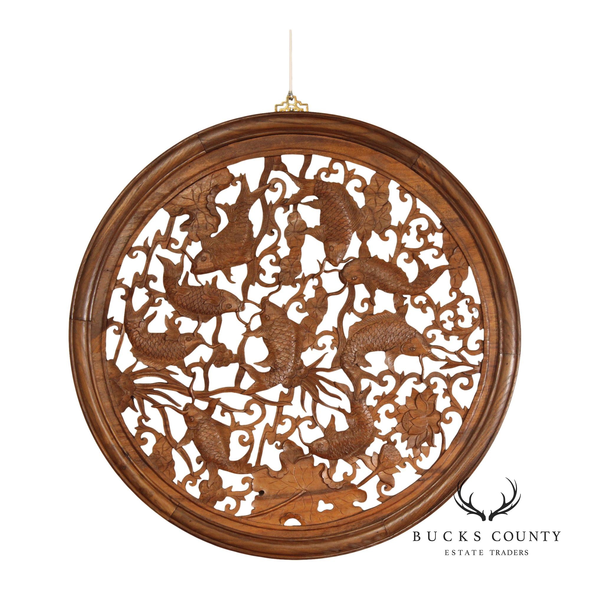 Asian Carved Wood Koi Fish Wall Decor