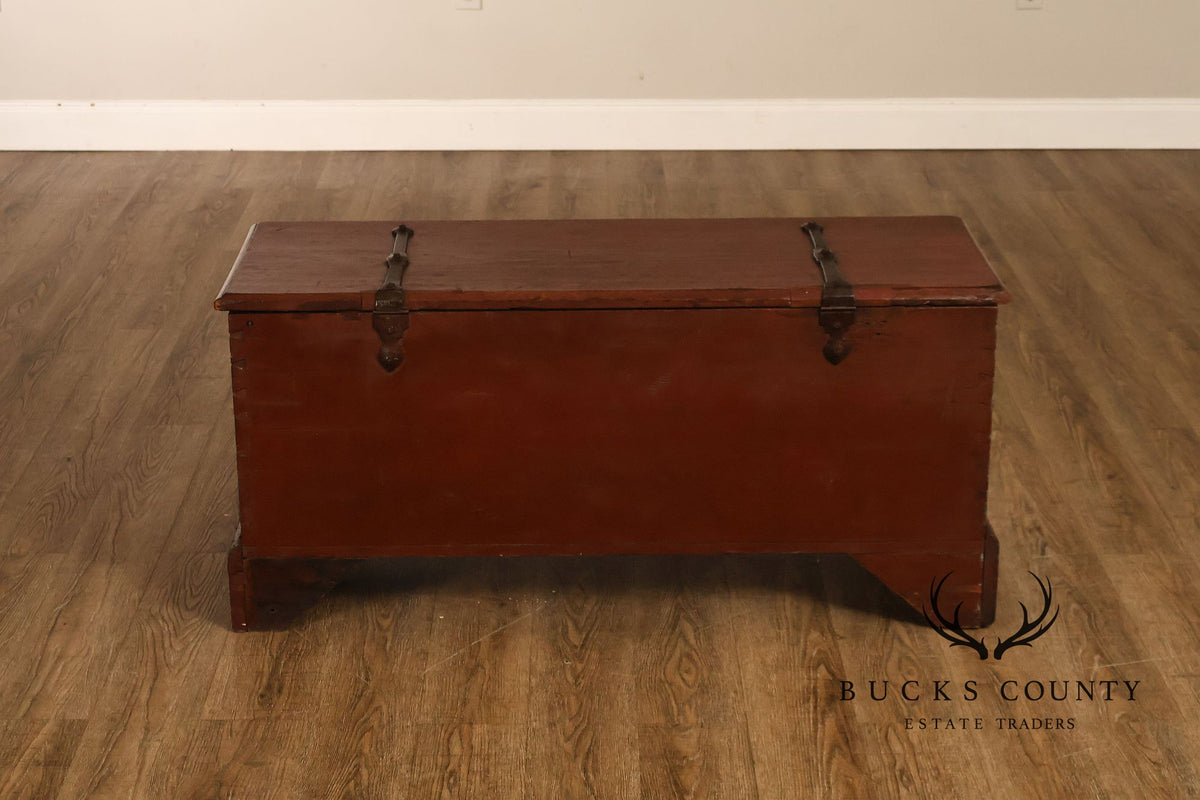 Antique Red Painted Cedar Blanket Chest With Cast Iron Strapping
