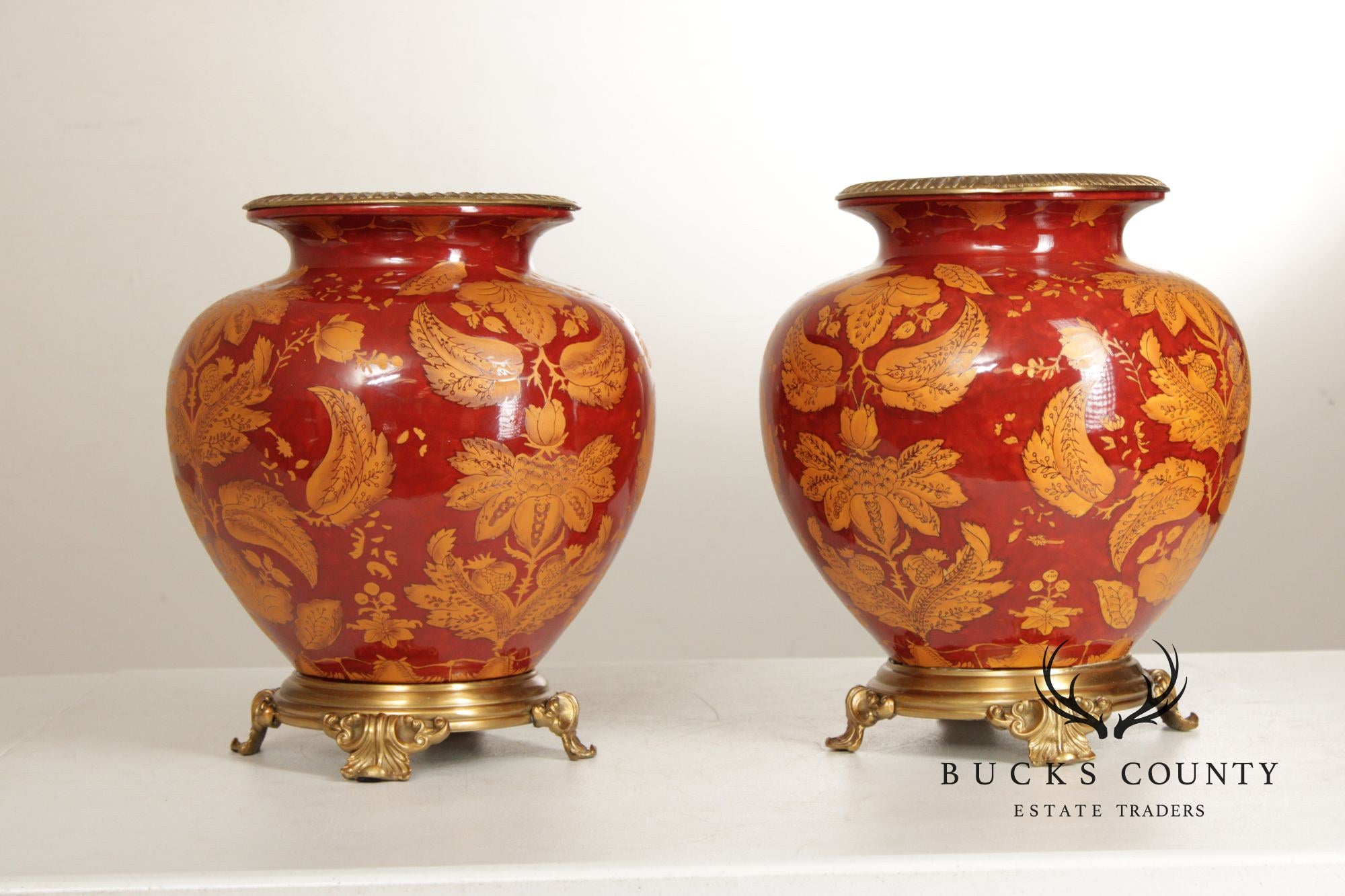 Asian Style Pair of Brass Mounted Ginger Jar Porcelain Urns