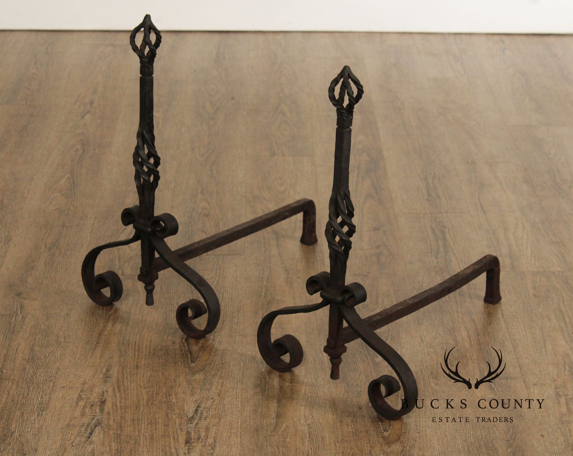 Antique Arts & Crafts Pair of Wrought Iron Fireplace Andirons