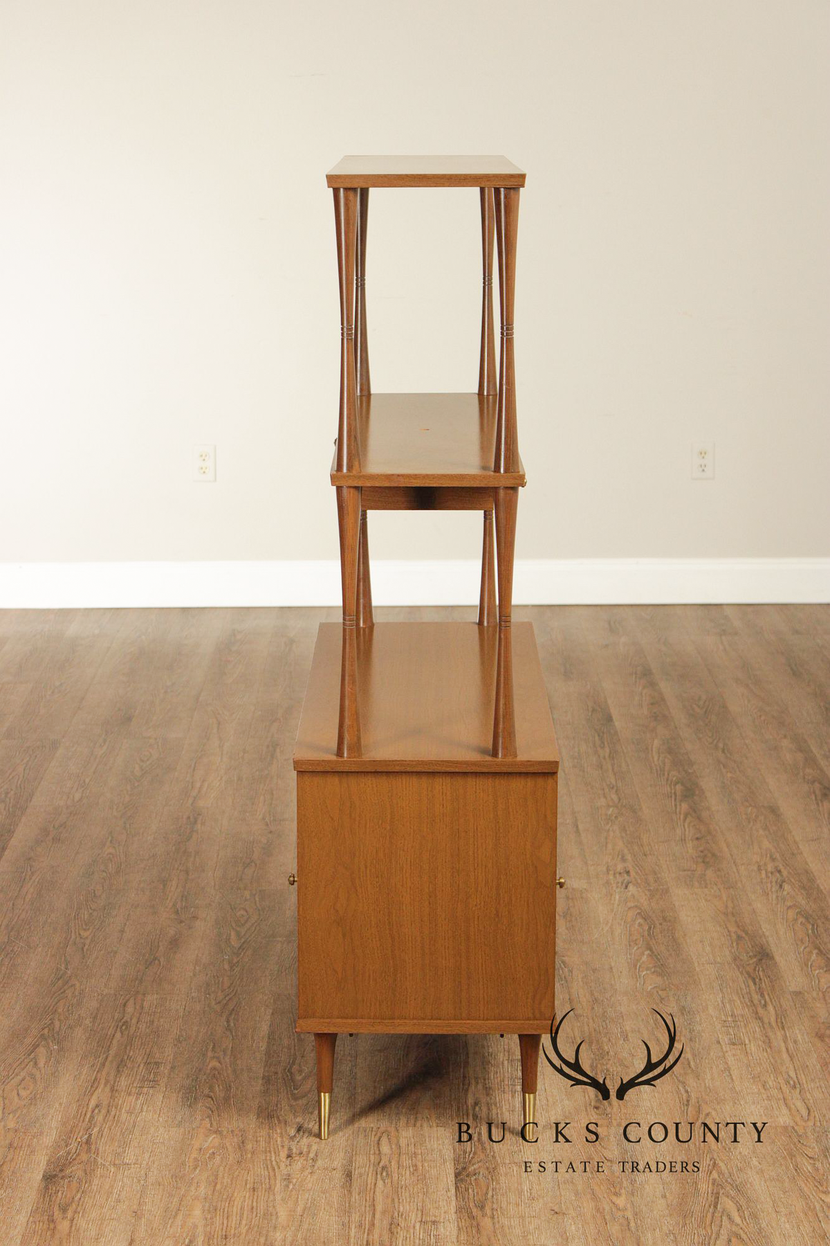 Mid Century Modern Walnut Room Divider Étagère With Brass Accents