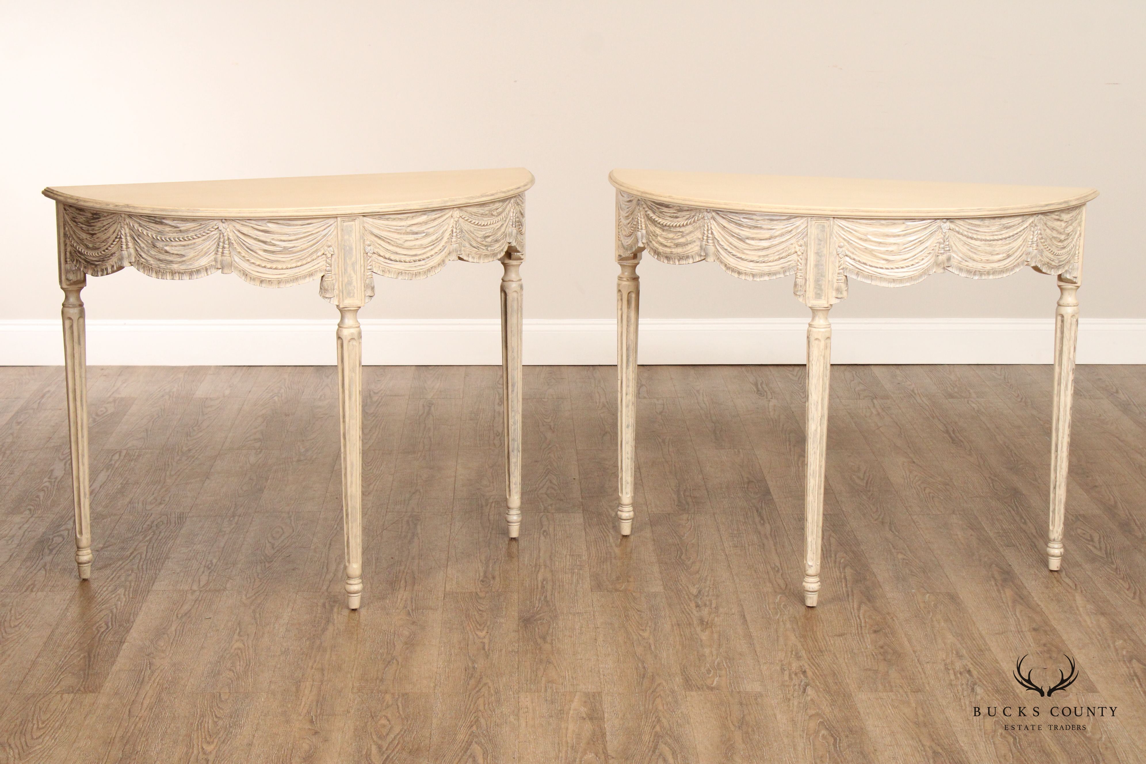 Gustavian Style Pair of Carved and Distress Painted Demilune Console Tables