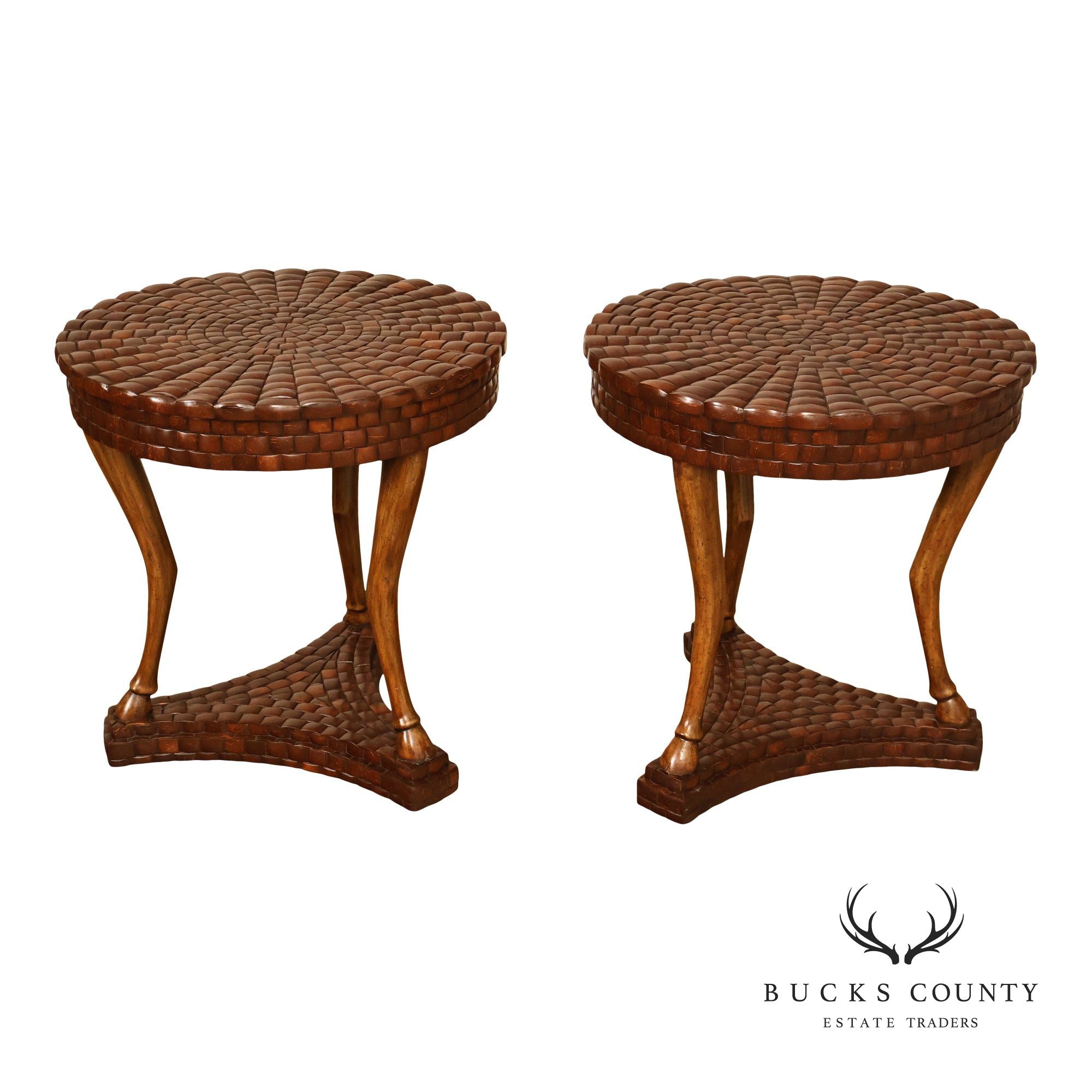 Maitland-Smith Pair Of Woven Top Round End Tables