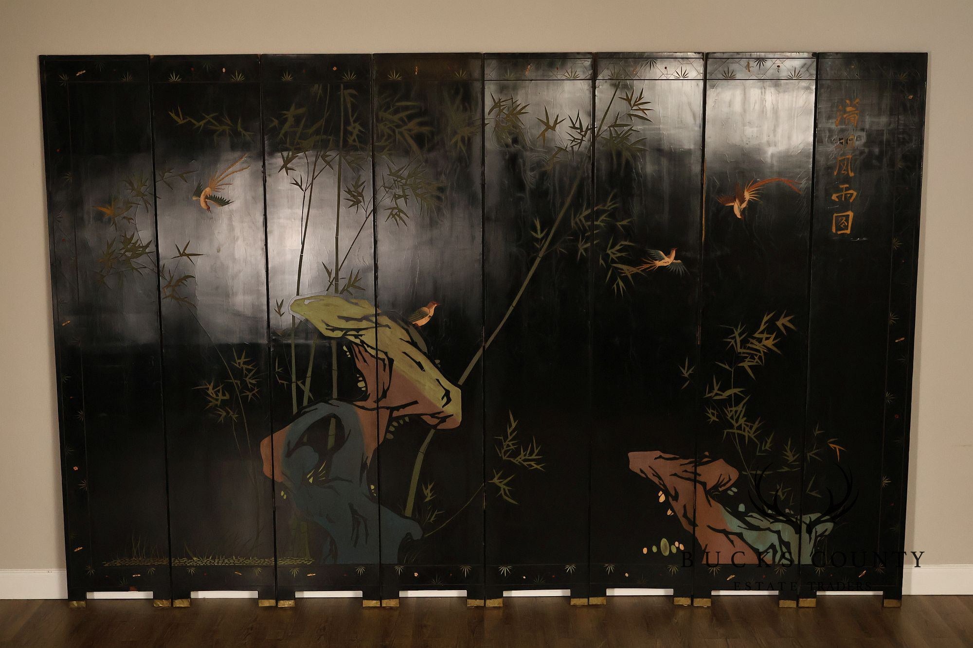 Chinese Coromandel Style Pair Of Eight Panel Folding Screens