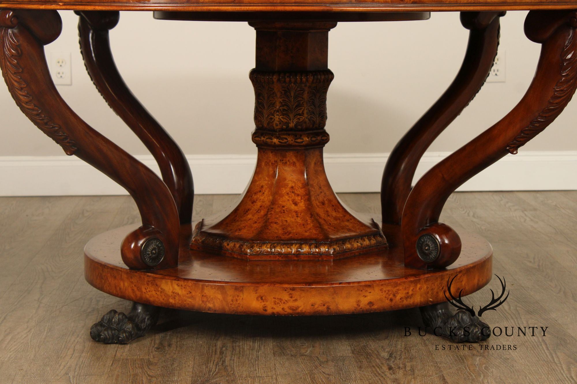 Theodore Alexander Empire Style Burl Wood Large Round Center Table