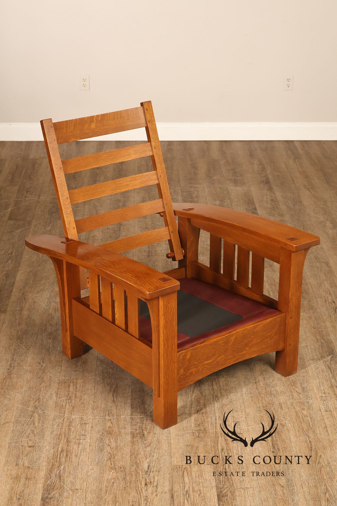 Stickley Mission Collection Oak And Leather Bow Arm Morris Chair