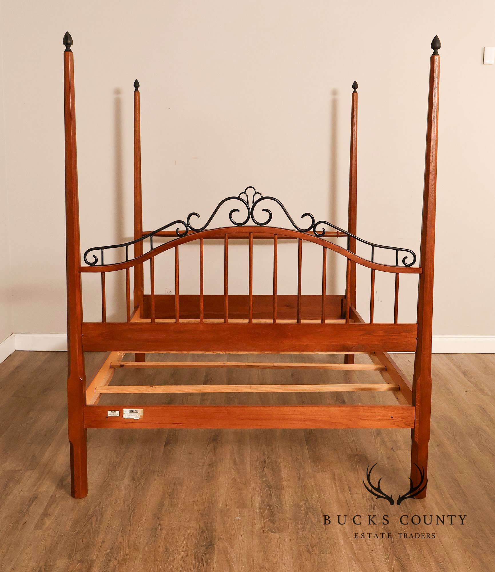 Keller Traditional Solid Oak And Scrolled Iron Queen Poster Bed