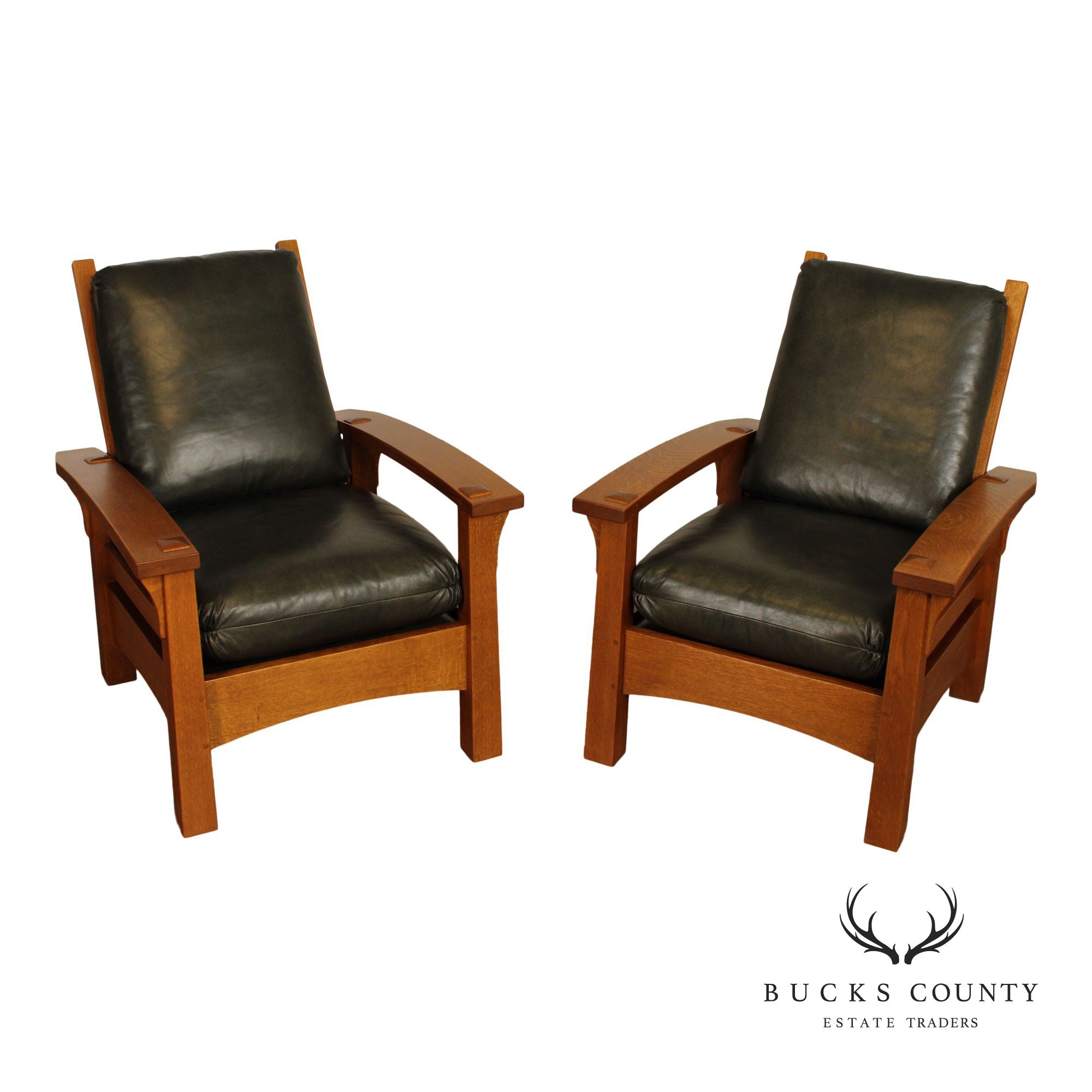 Stickley Mission Collection Pair of Gus Bow Arm Oak Morris Chairs