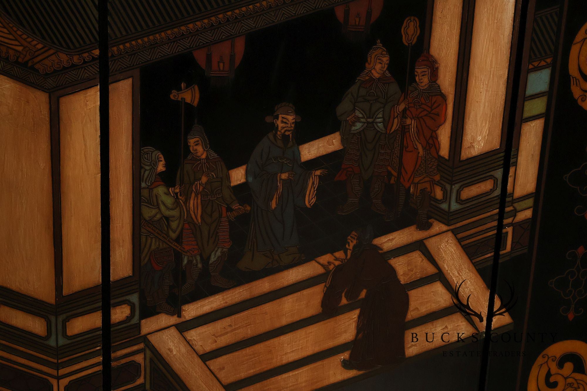 Chinese Coromandel Style Pair Of Eight Panel Folding Screens