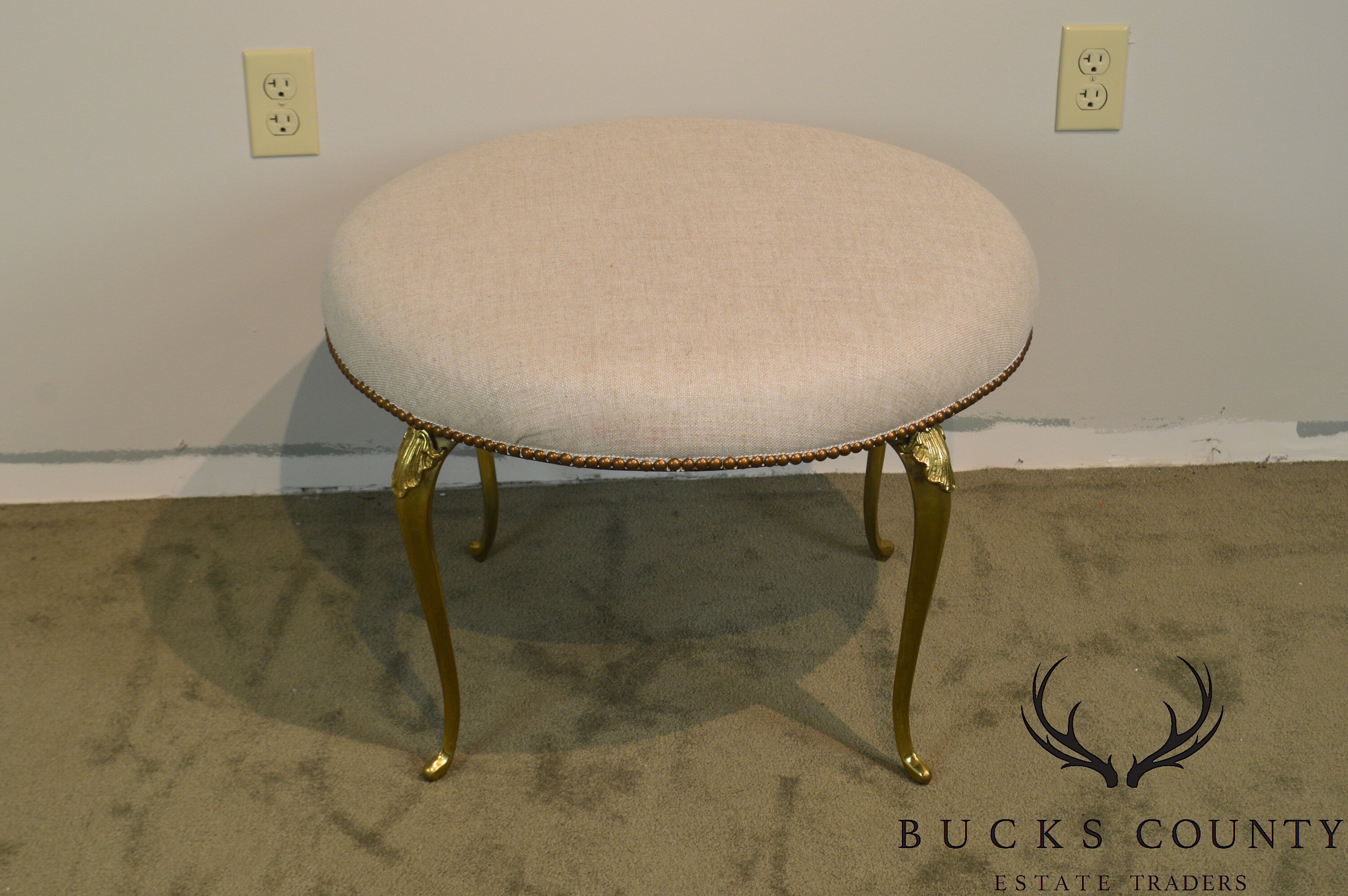 Italian Vintage Brass Frame Round Ottoman or Stool