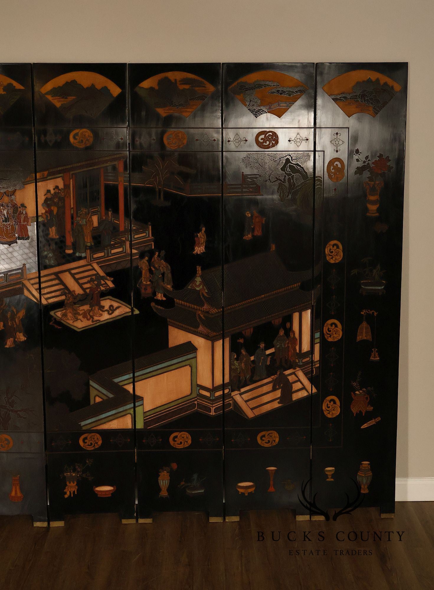 Chinese Coromandel Style Pair Of Eight Panel Folding Screens