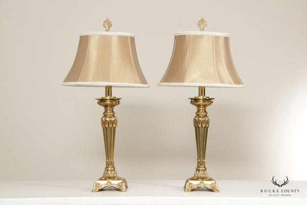 Louis XVI Style Pair of Brass Candlestick Form Table Lamps
