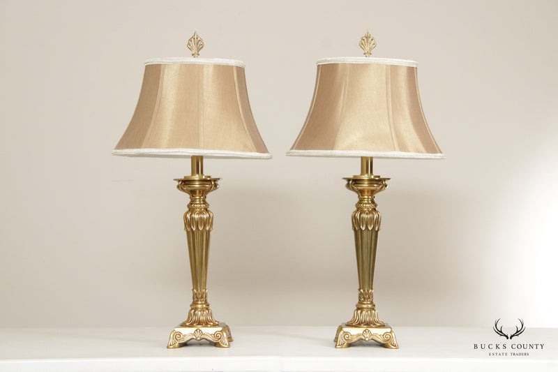 Louis XVI Style Pair of Brass Candlestick Form Table Lamps