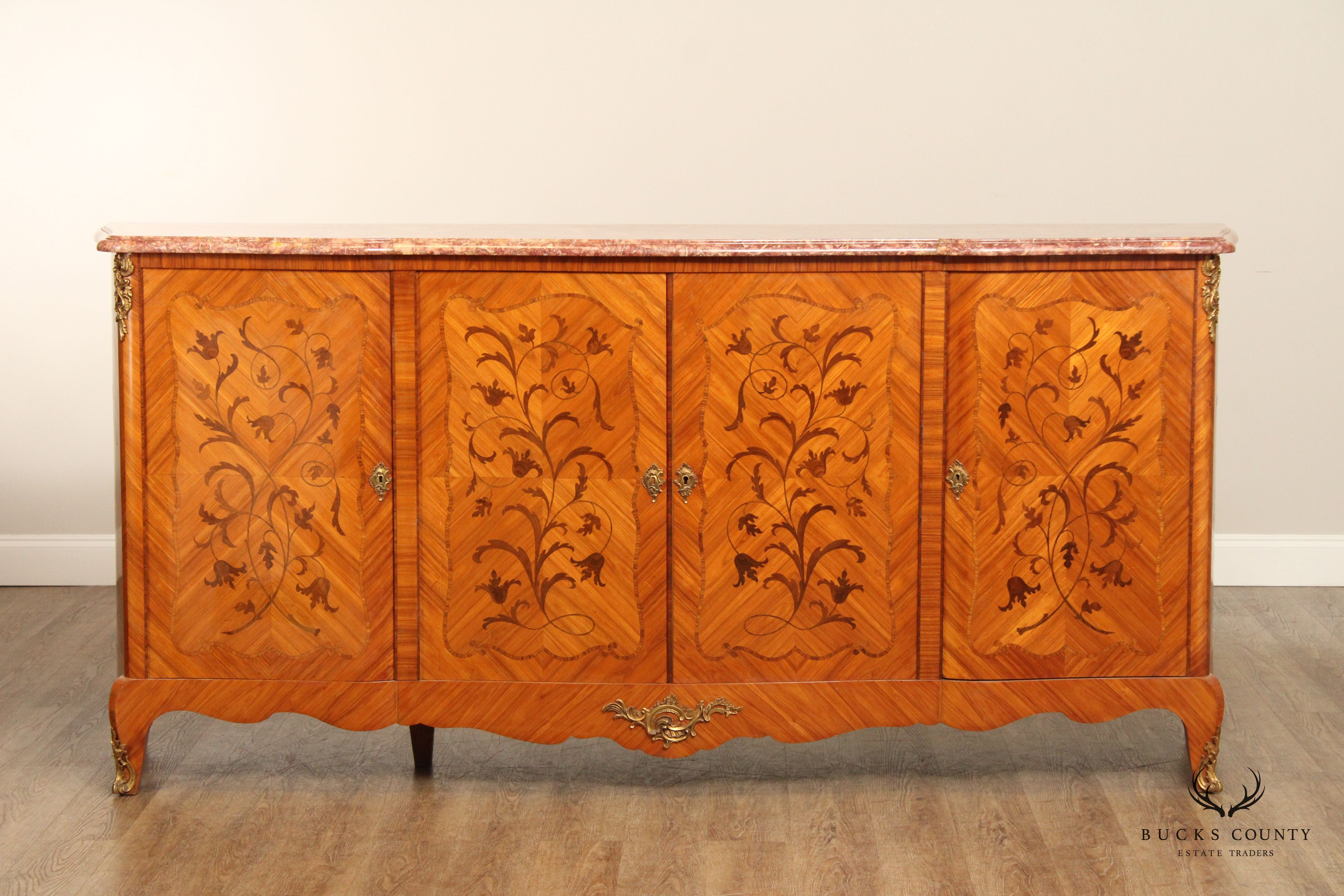 French Louis XV Style Antique Marble Top Marquetry Inlaid Long Sideboard